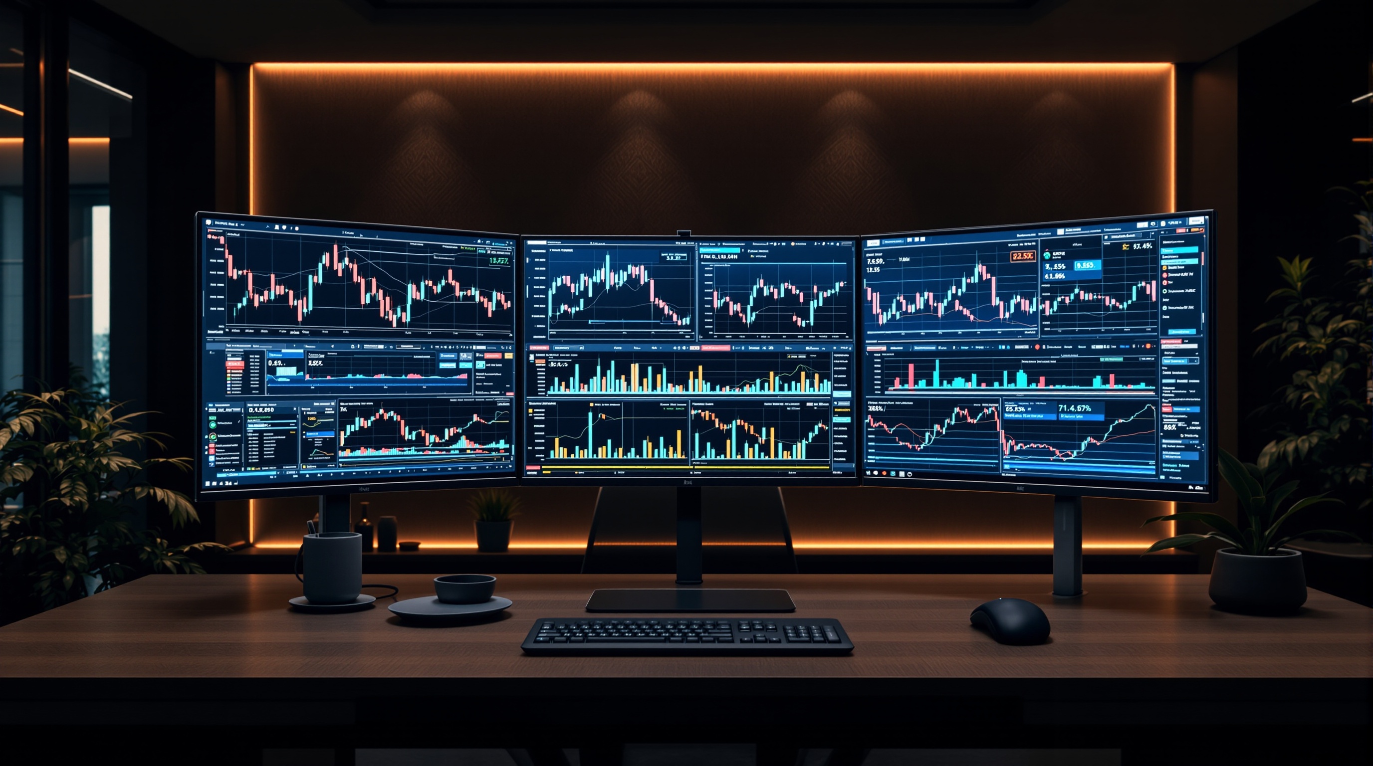 Stock market charts in modern tech office
