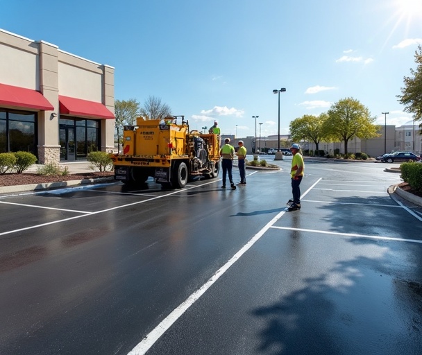 Professional parking lot maintenance team at work