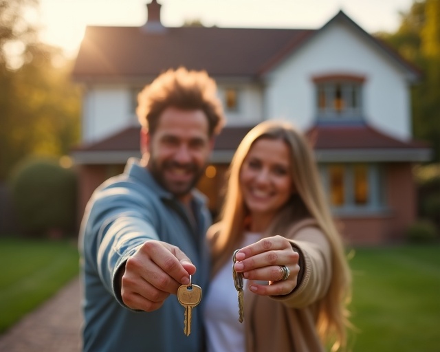 Happy homeowners with keys to their new property