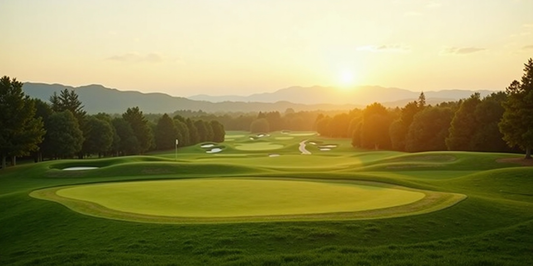 Panoramic golf course landscape with lush fairways and morning light