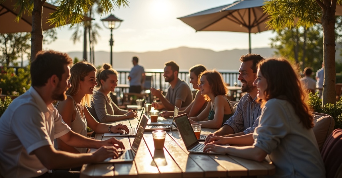 Digital nomad community gathering at outdoor café in Ponta Delgada, São Miguel, Azores