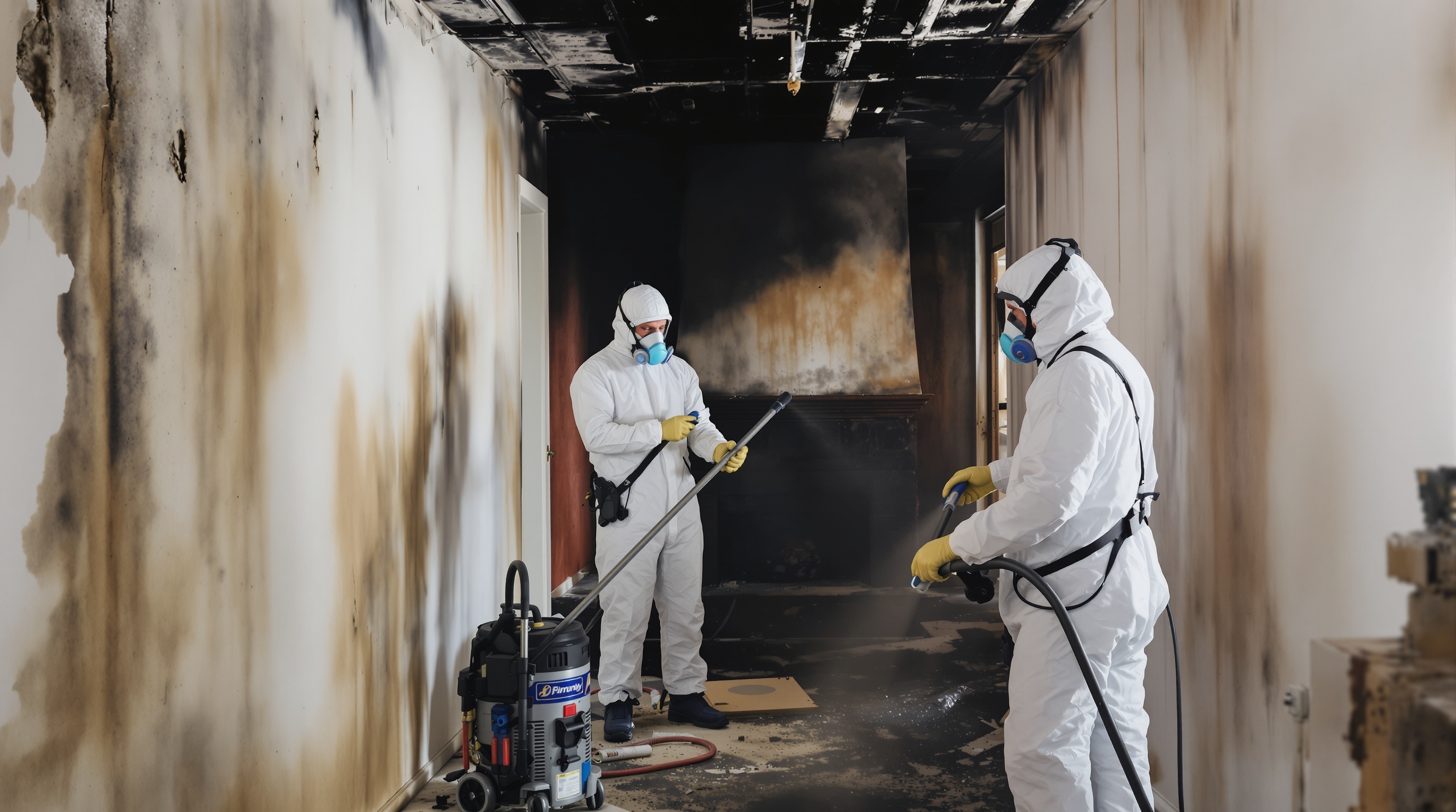 Equipo profesional limpiando después de incendio