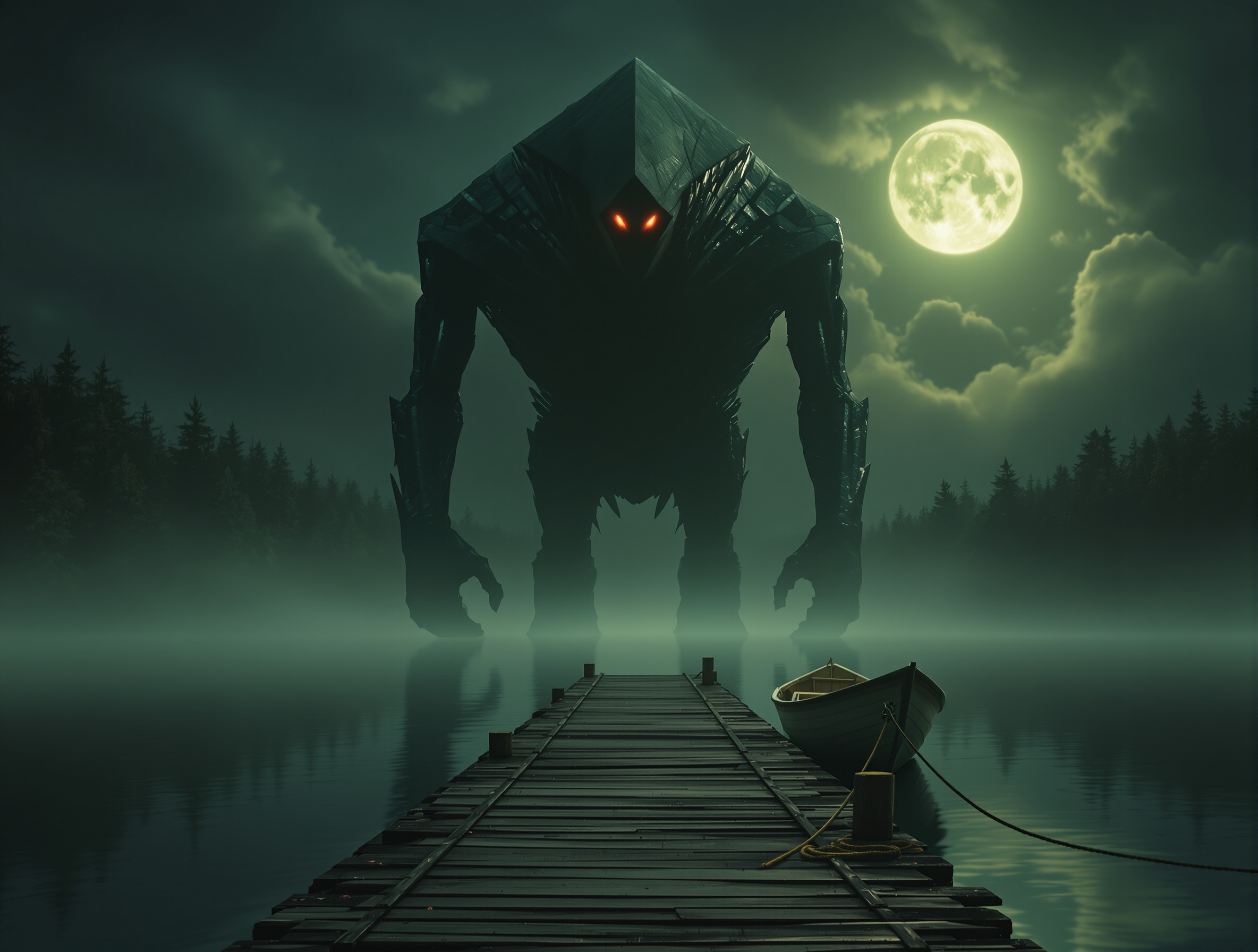 Braxie the Flatwoods Monster standing watch at the edge of the BSS Kittie dock during a foggy night
