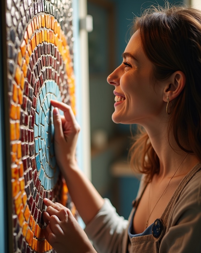 Happy woman admiring her finished mosaic artwork created during workshop