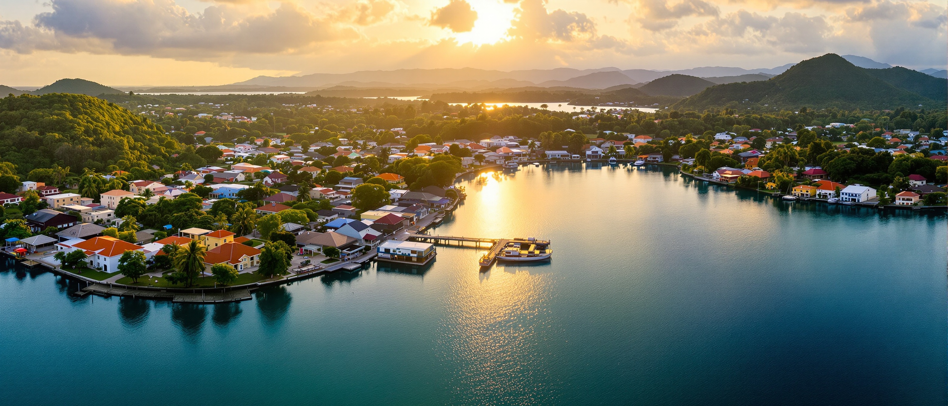Flores Guatemala aerial view — colorful island town on Lake Petén Itzá surrounded by turquoise water and tropical jungle