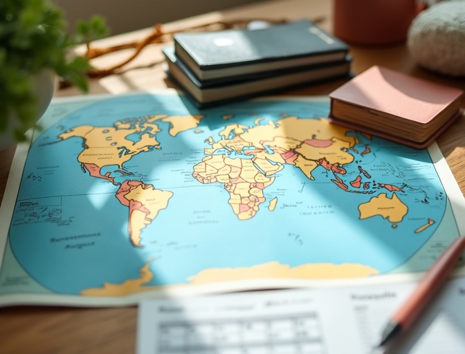 August travel planning essentials with map and travel documents
