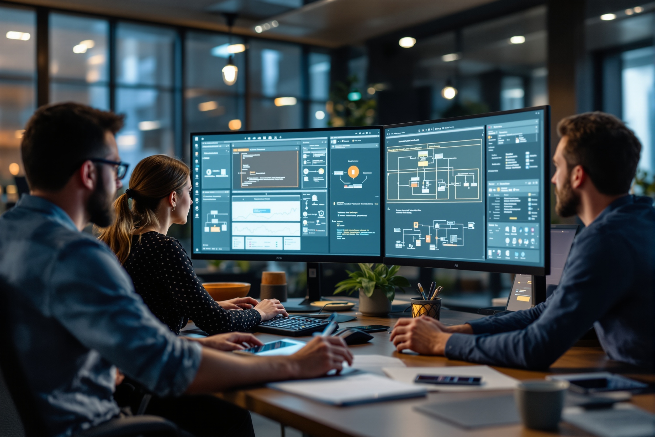 Integration team designing CRM system architecture with connected platforms