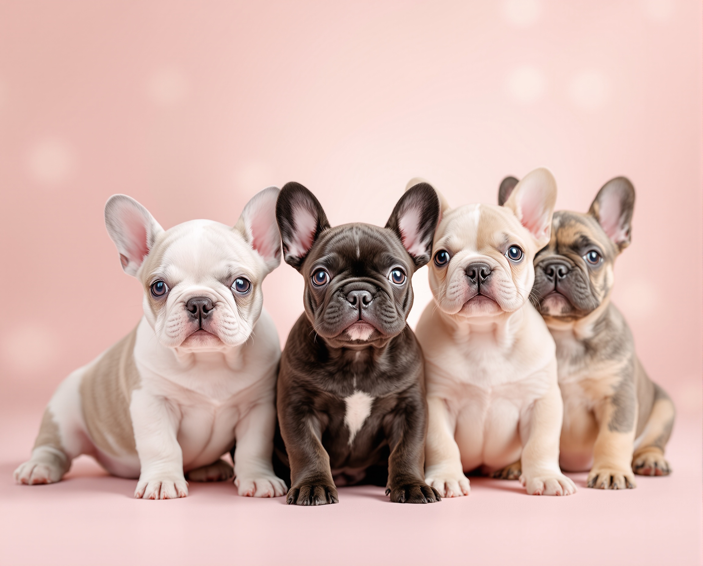 Group of 5 cute French Bulldog puppies in different rare colors — blue, lilac, chocolate, cream, and fawn
