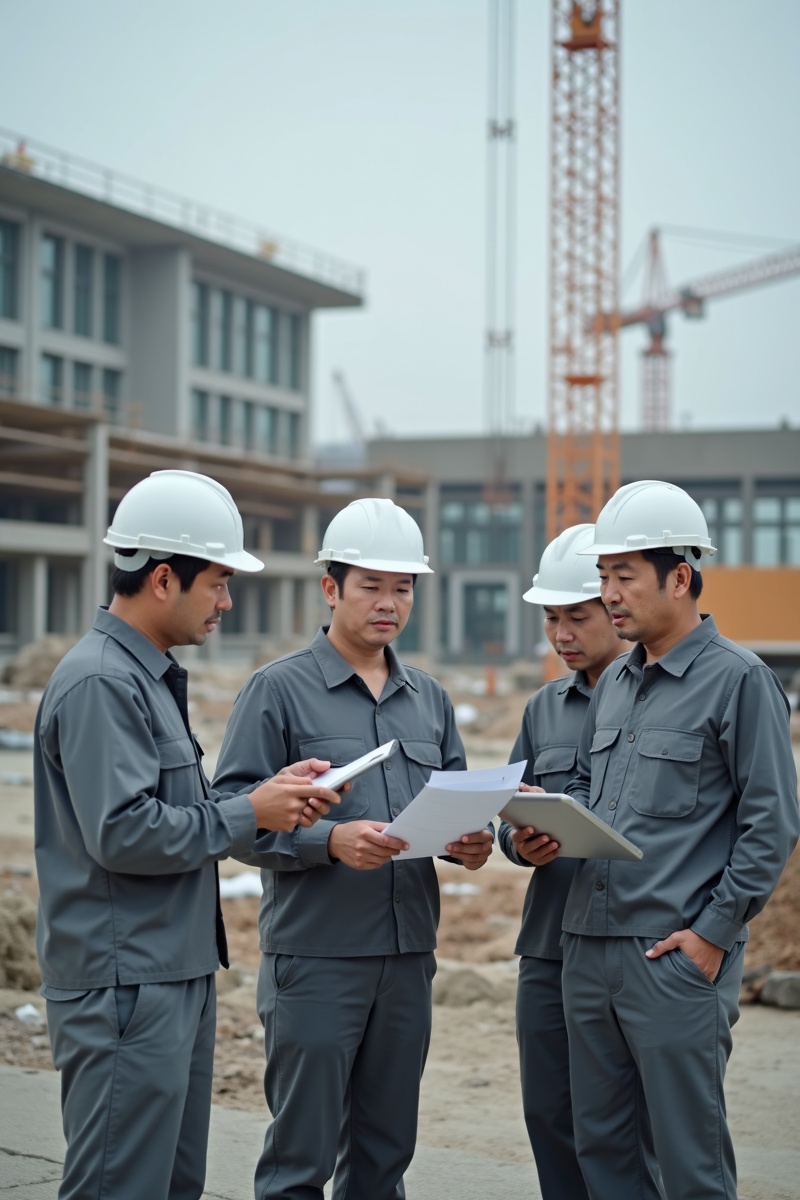 日本の建設現場でのミーティング