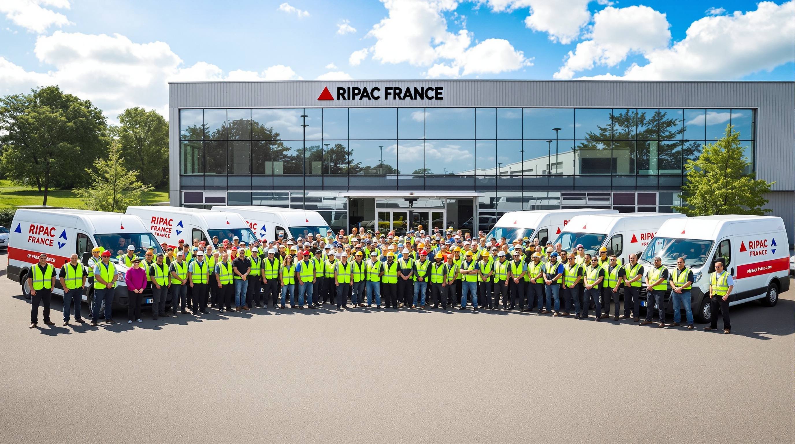 Équipe RIPAC FRANCE devant les locaux et véhicules de la société