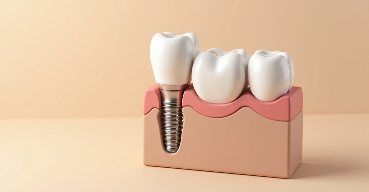 Dental implant model showing titanium screw in jawbone