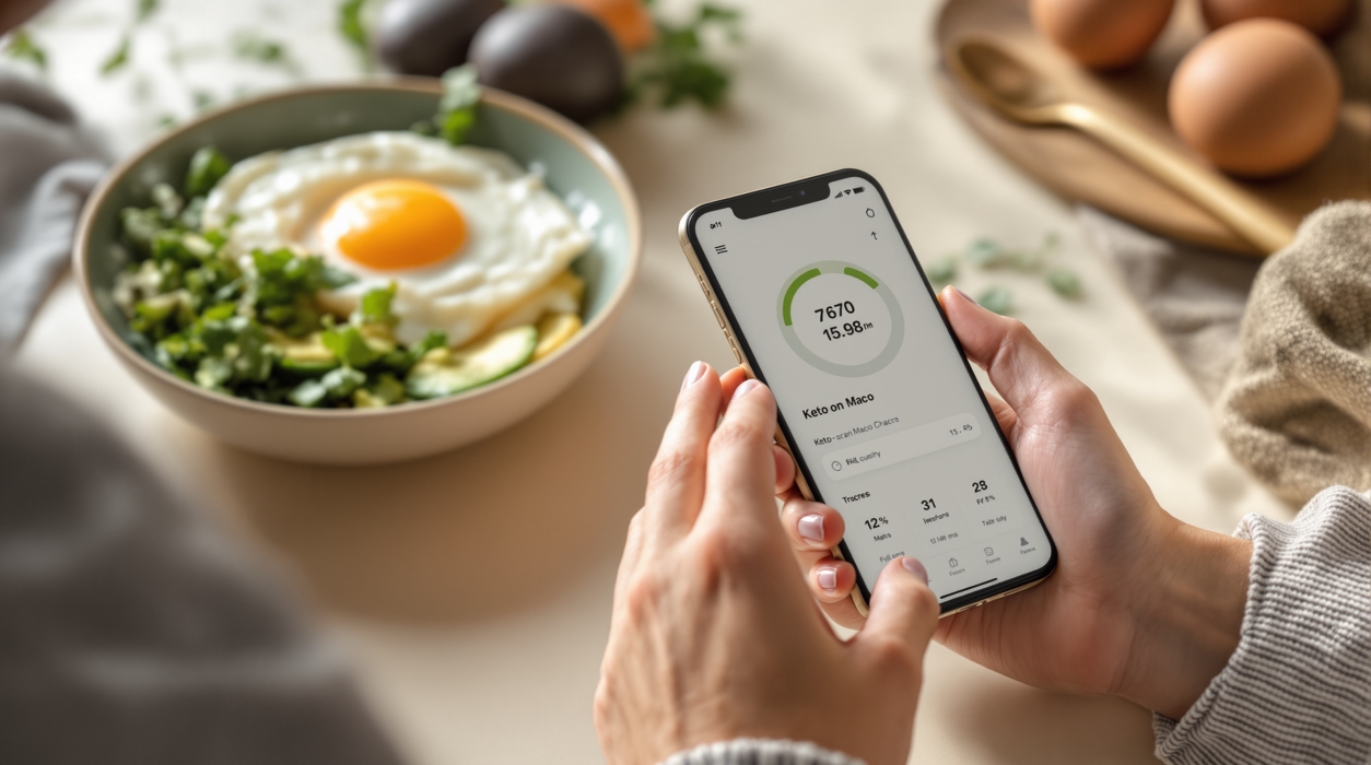 Hands using a smartphone keto macro tracking app with a progress dashboard beside avocado and eggs on a kitchen counter