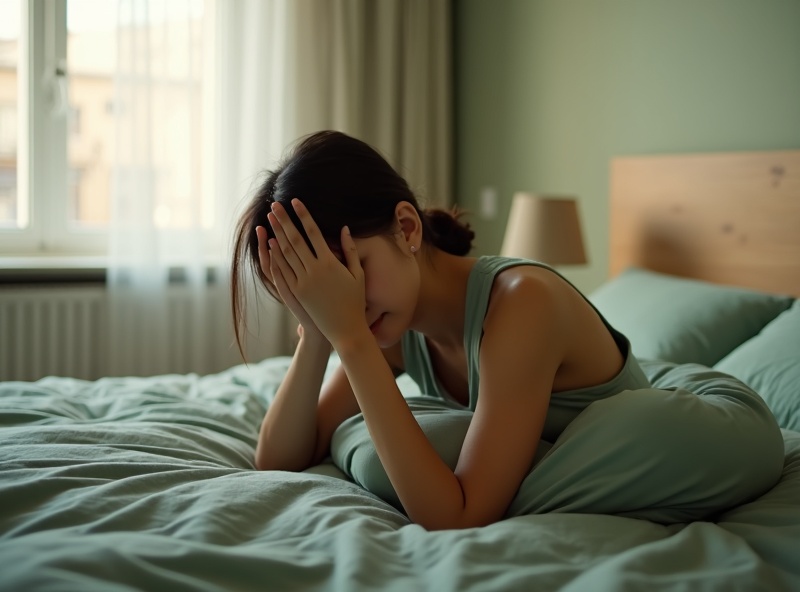 Person sitting on bed looking tired and fatigued in the morning