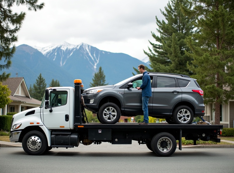 Professional tow truck driver safely loading a junk car onto a flatbed truck for free removal in a residential British Columbia neighborhood