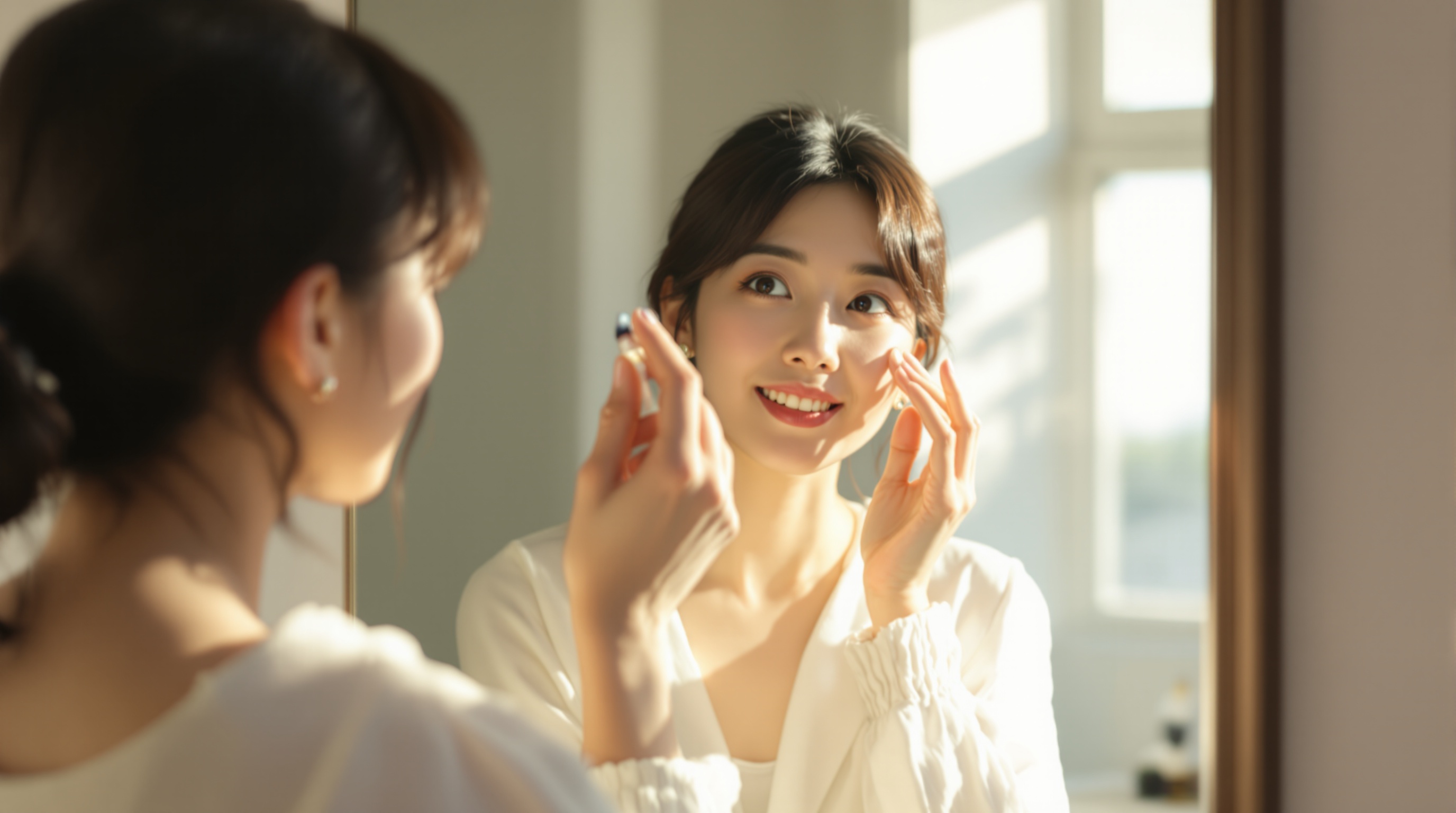 朝の洗面台で目のケアをする女性 - 毎日の習慣として