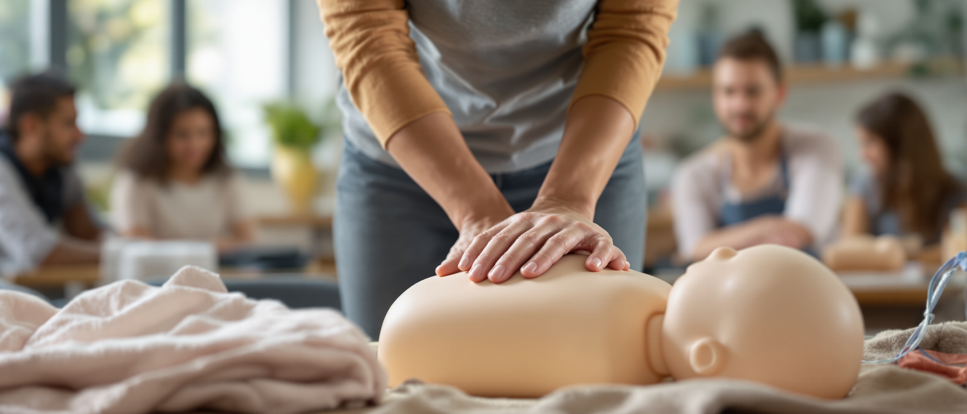Parent practicing infant CPR on a training manikin in a warm classroom setting
