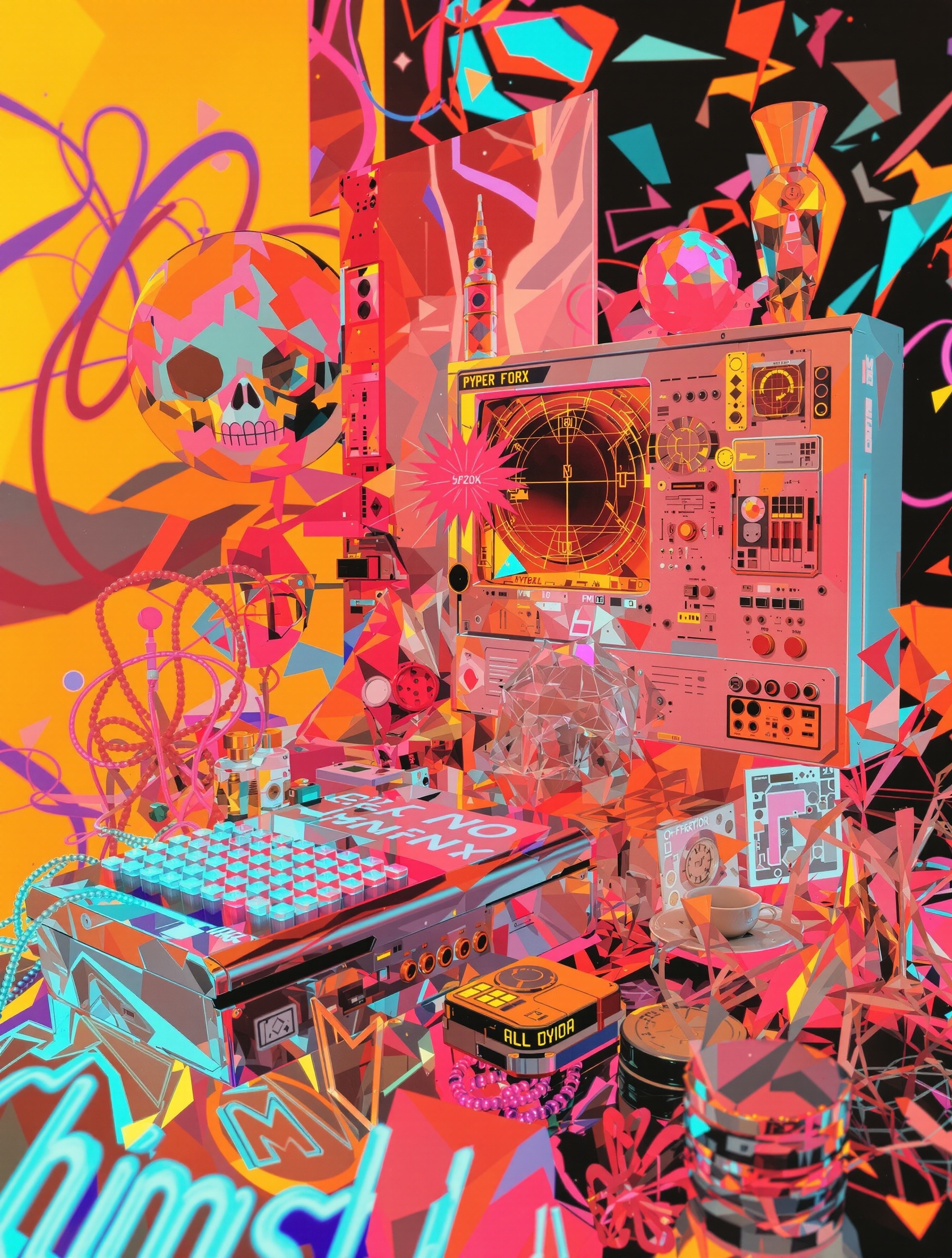 Y2K digital aesthetic editorial collage with retro computer interfaces and glossy fashion accessories