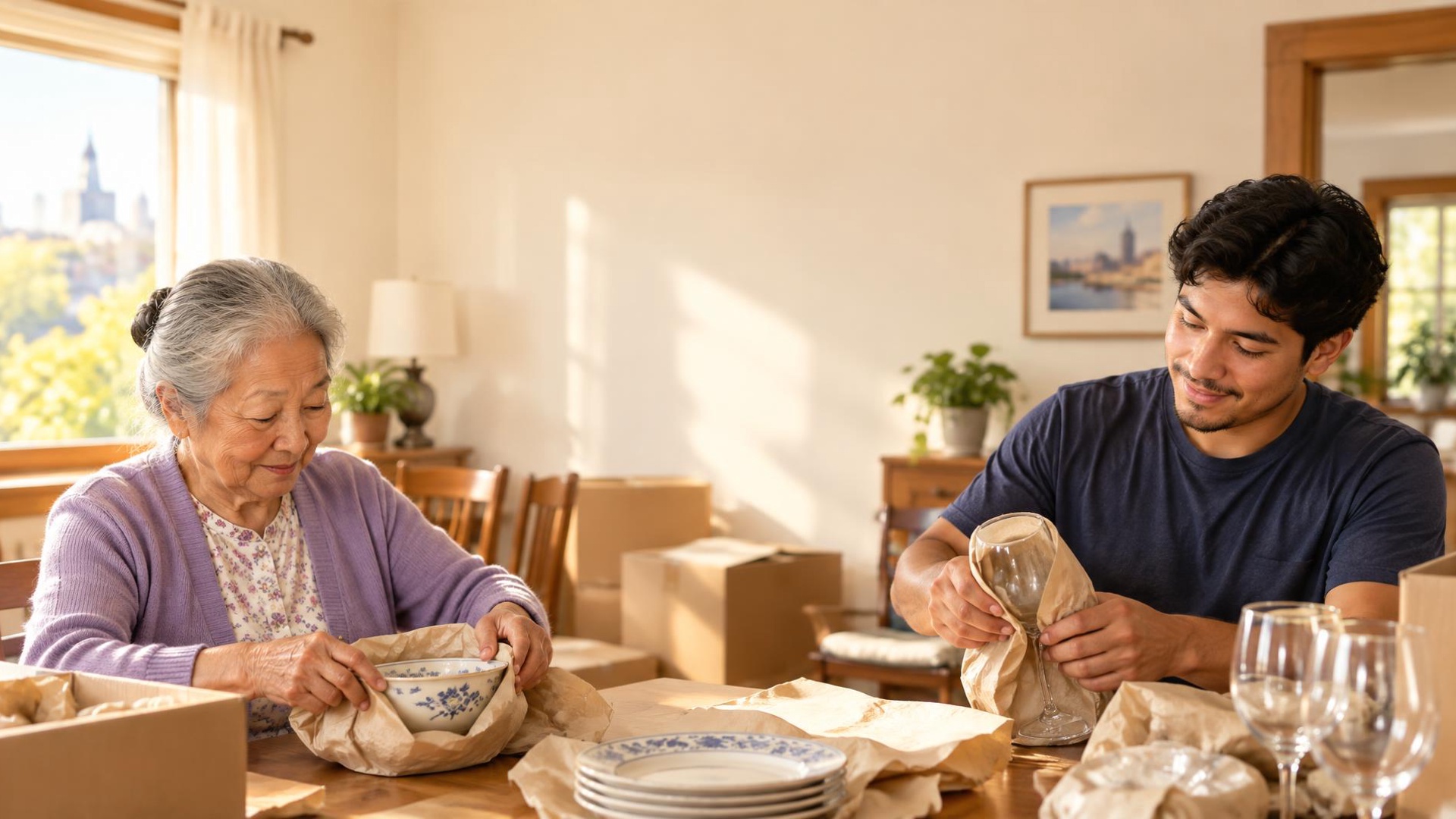A Gift of Time senior move manager helping an elderly person pack and downsize in a bright Milwaukee home