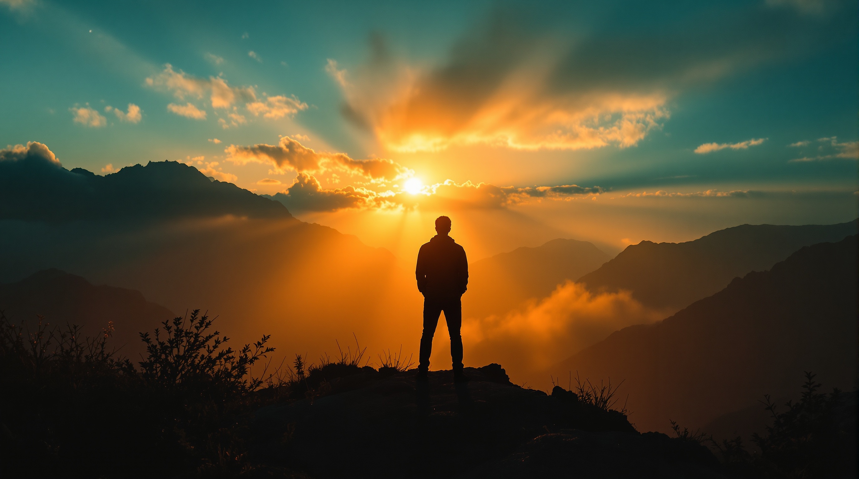 Man on mountain at sunrise symbolizing hope and mental health wellness journey