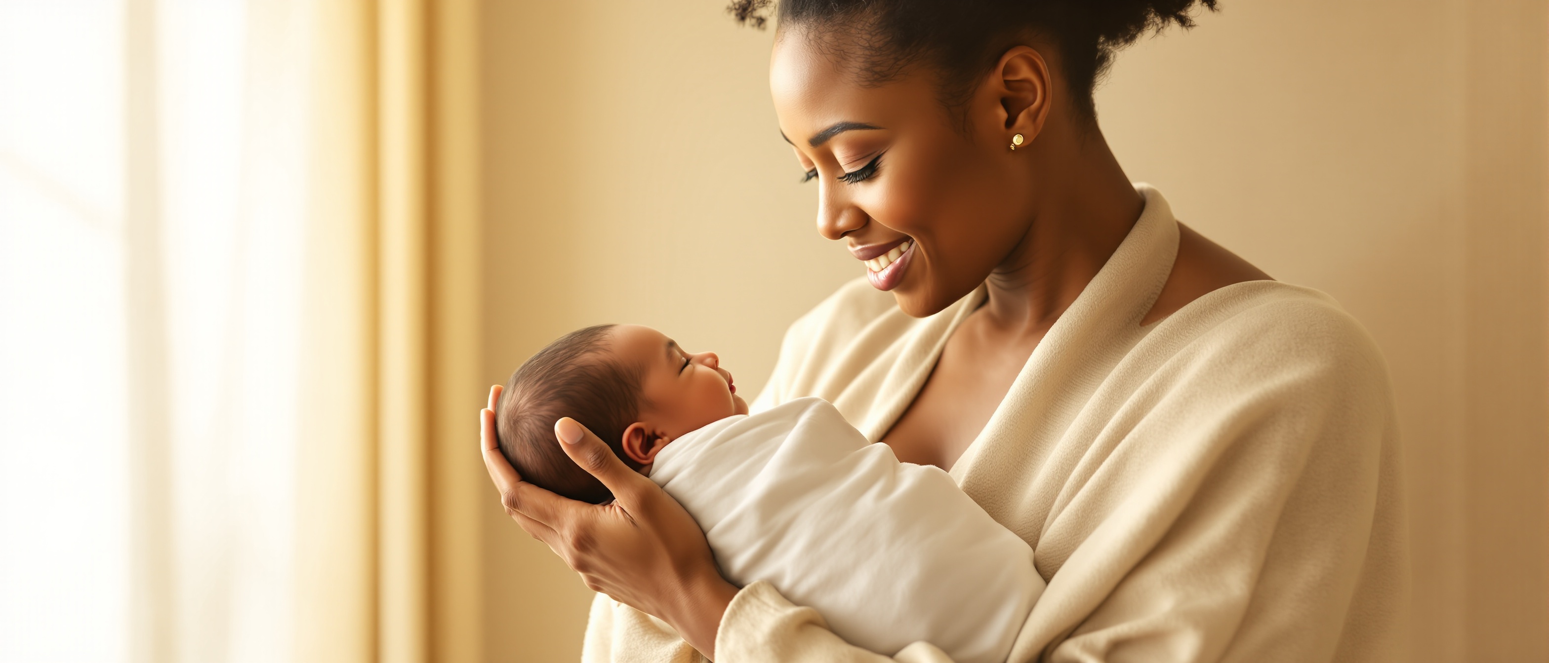 Black mother holding newborn baby in admiration