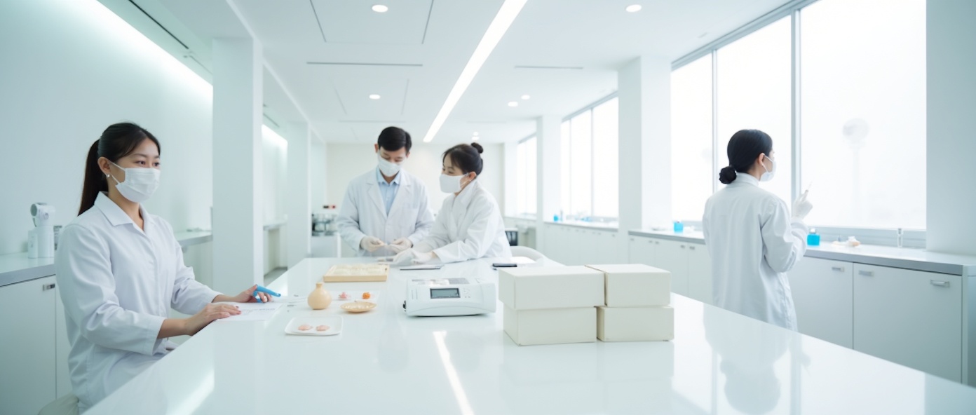 Modern Korean cosmetics laboratory interior with scientists working on skincare formulations for K-Beauty ODM blog insights