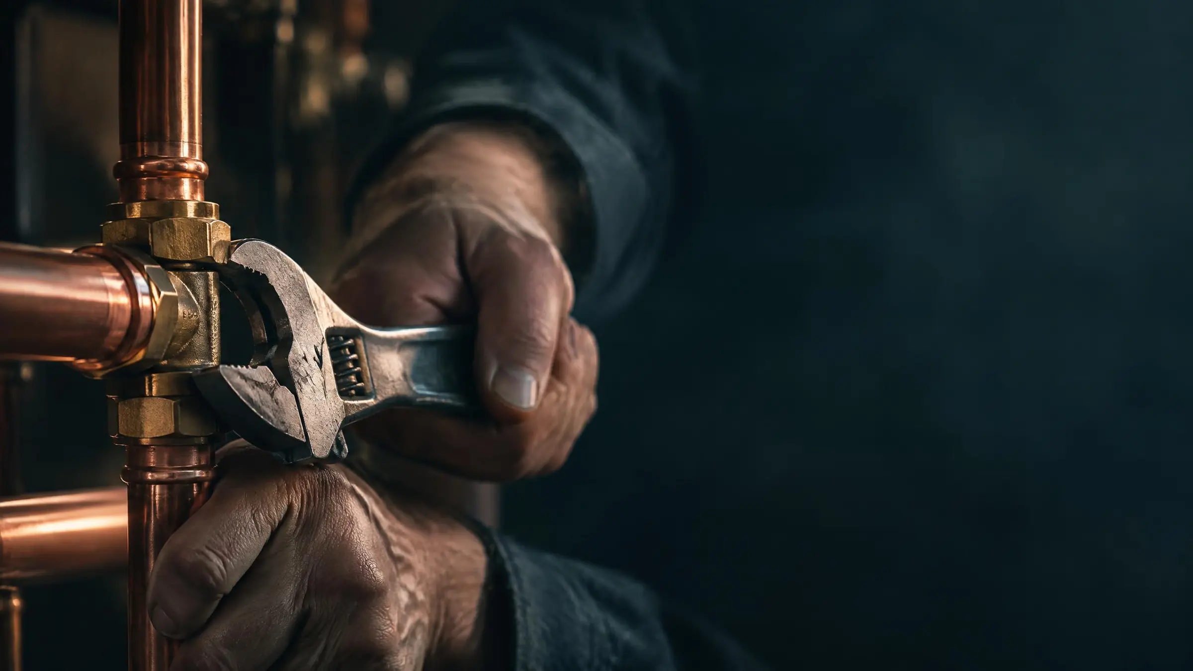 Gloved hands tightening a copper pipe joint with a wrench under a work lamp in a basement.