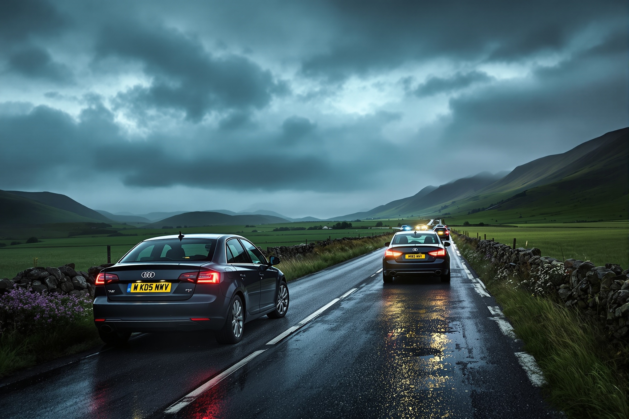 Car pulled over with flat tyre on a Scottish road with hazard lights on