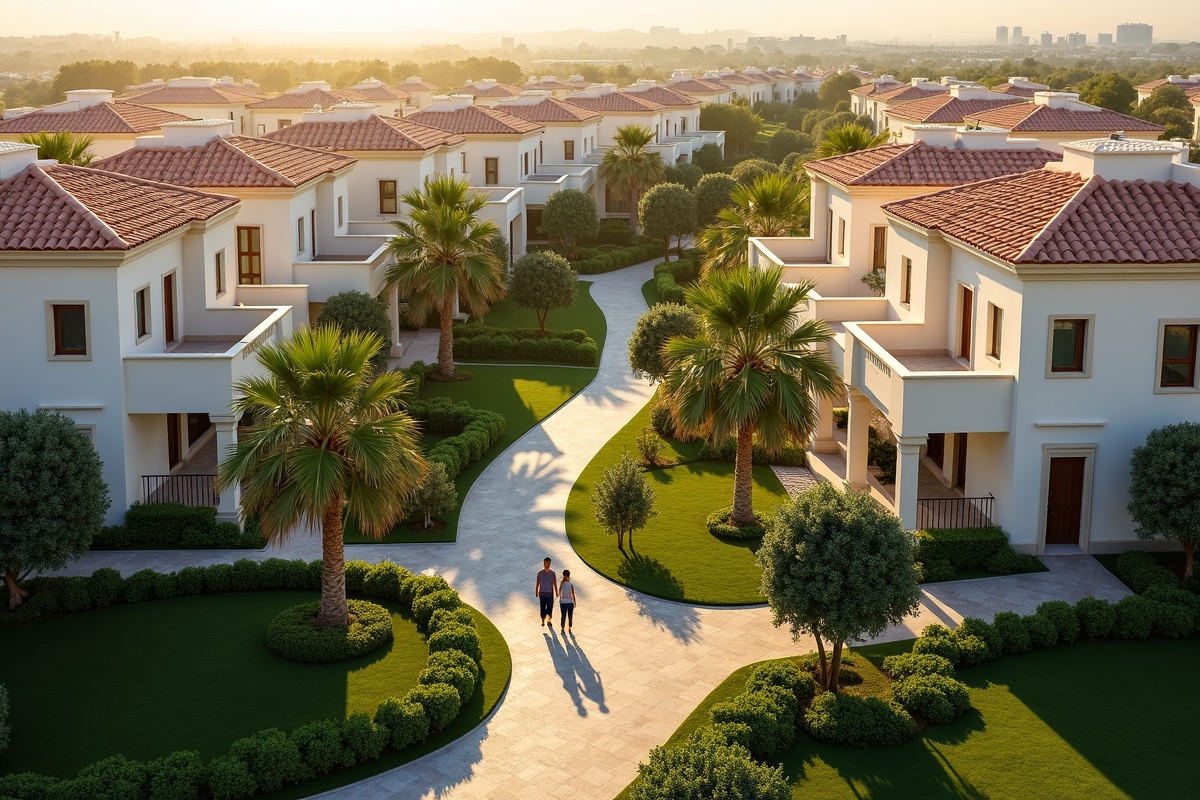 Aerial view of Jebel Ali Village community with lush green landscaping and warm Mediterranean architecture