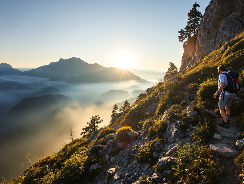 朝日を浴びながら山道を一歩ずつ登っていく登山者