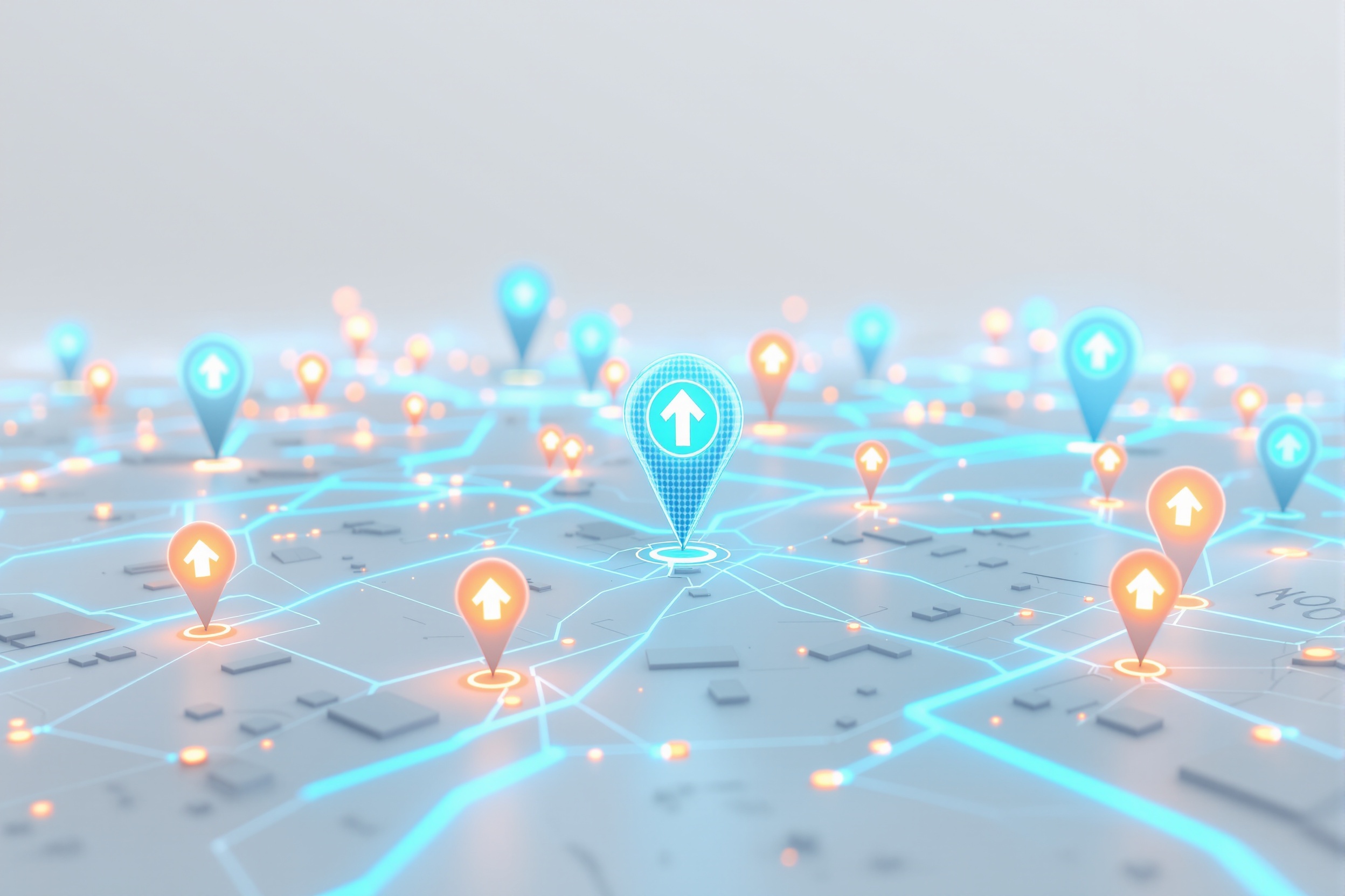 3D visualization of city map with glowing location pins showing Google Maps ranking growth and local SEO dominance
