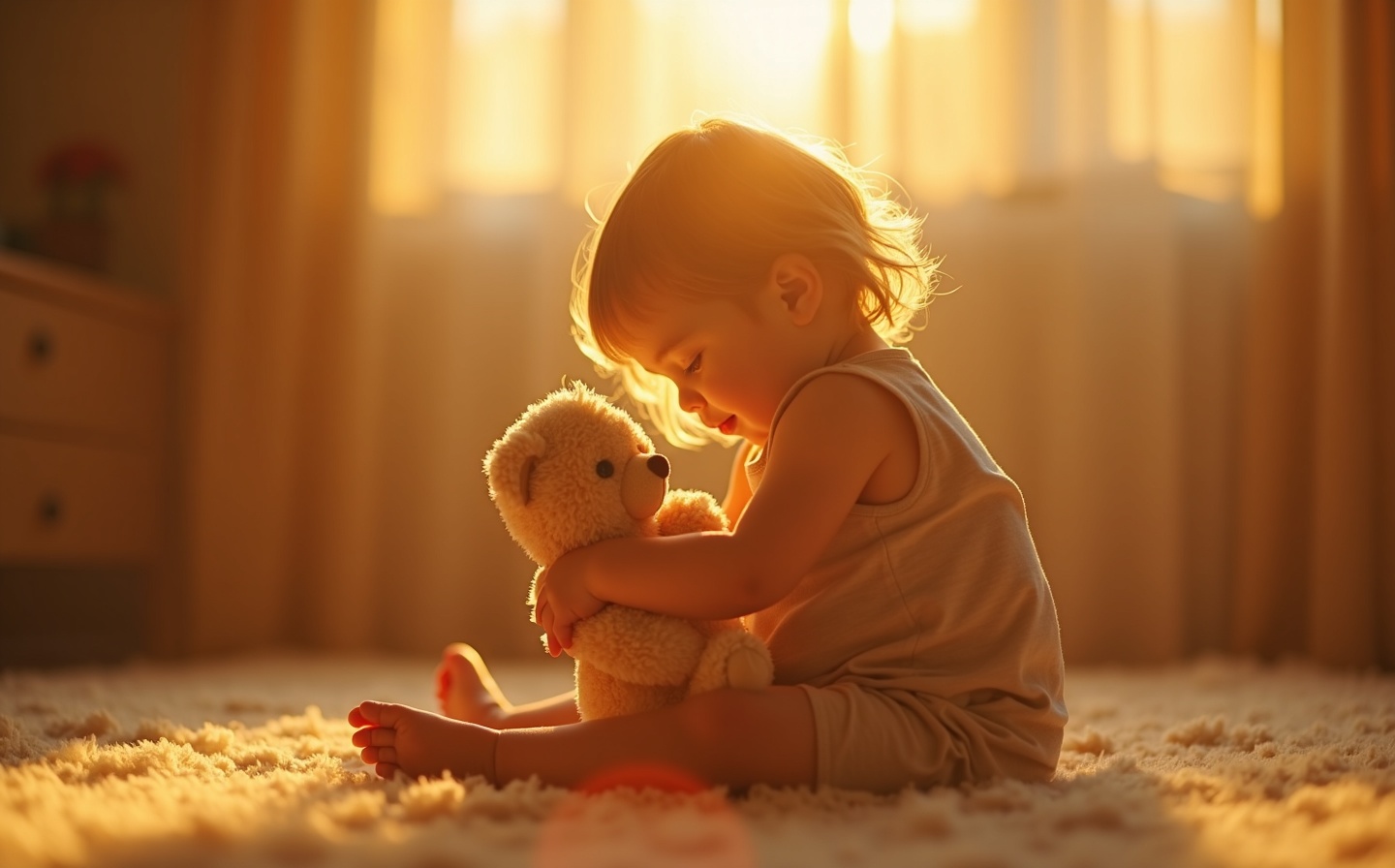 Child hugging teddy bear