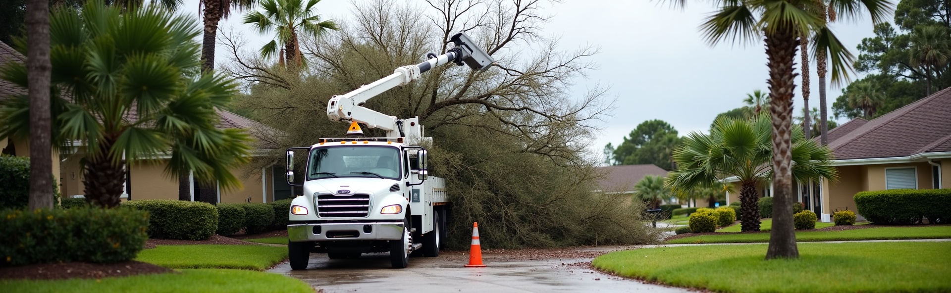 Professional storm cleanup crew removing fallen tree debris from a Florida residential property