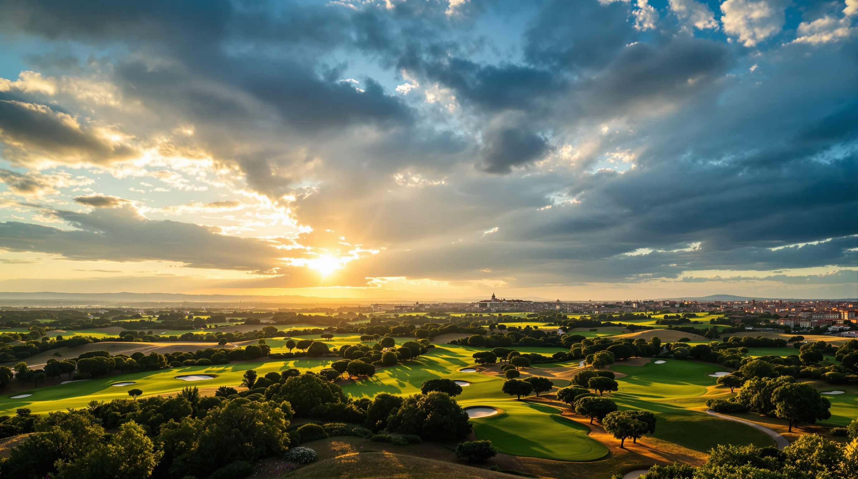 Marco Simone Golf Country Club Rome Italy Ryder Cup championship fairways rolling hills ancient Roman landscape golden afternoon light cinematic panoramic aerial view premium editorial golf photography