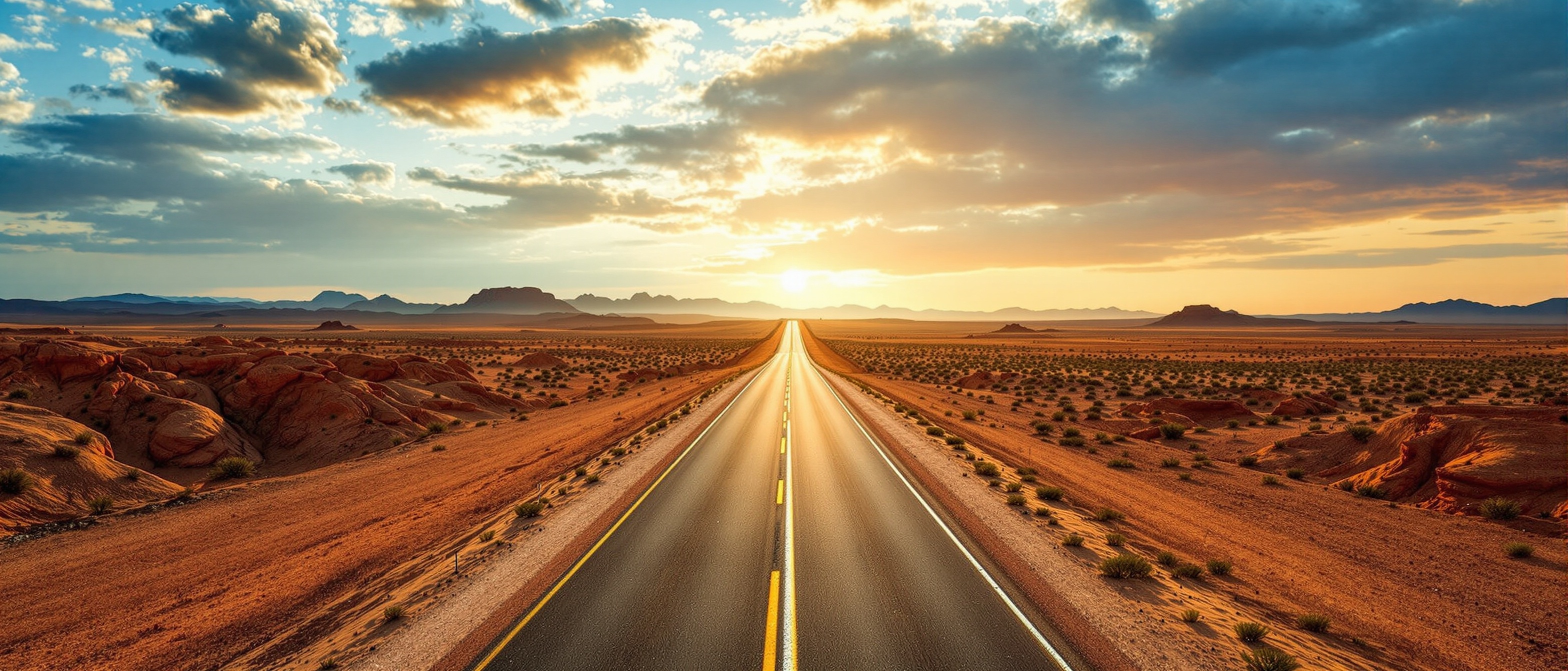 Highway at sunrise with a lone car on an open road — the freedom of carpool driving