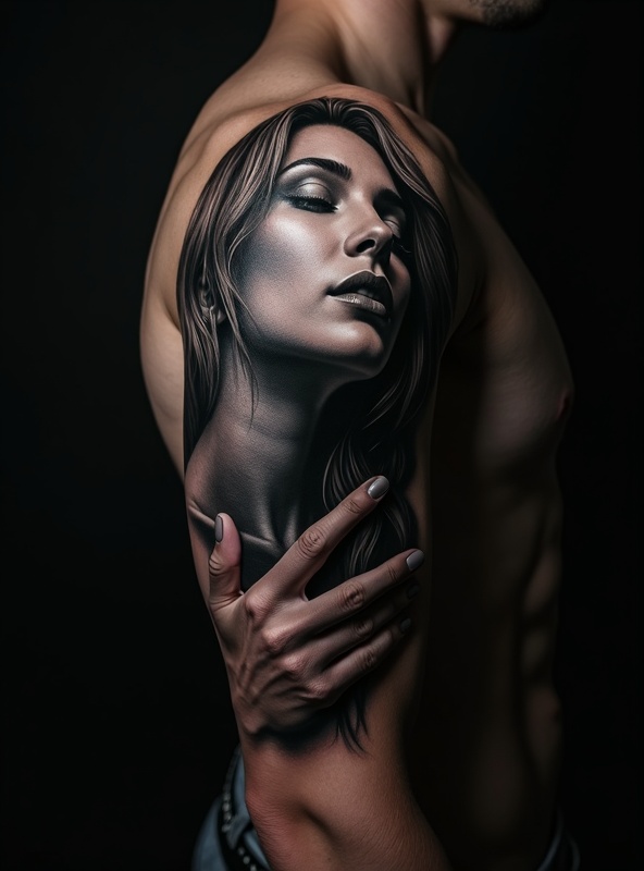 Retrato realista em preto e cinza no braço