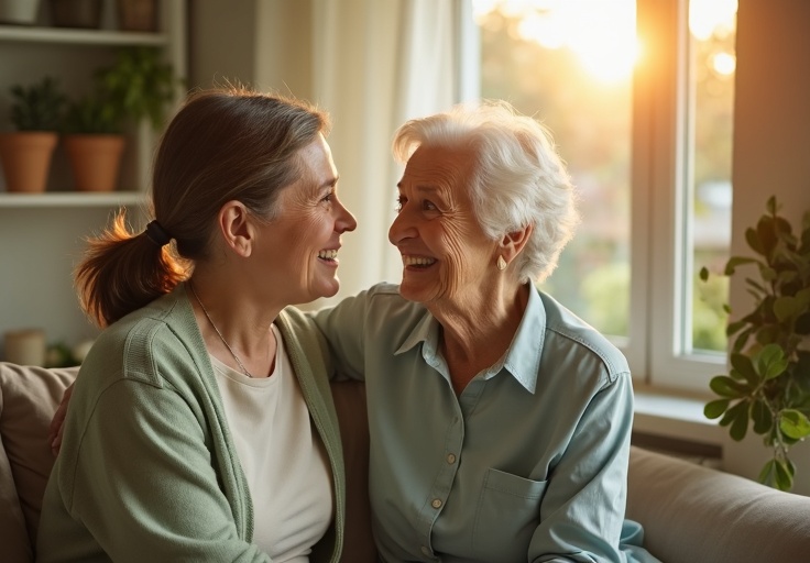 Cuidadora com idosa em ambiente aconchegante