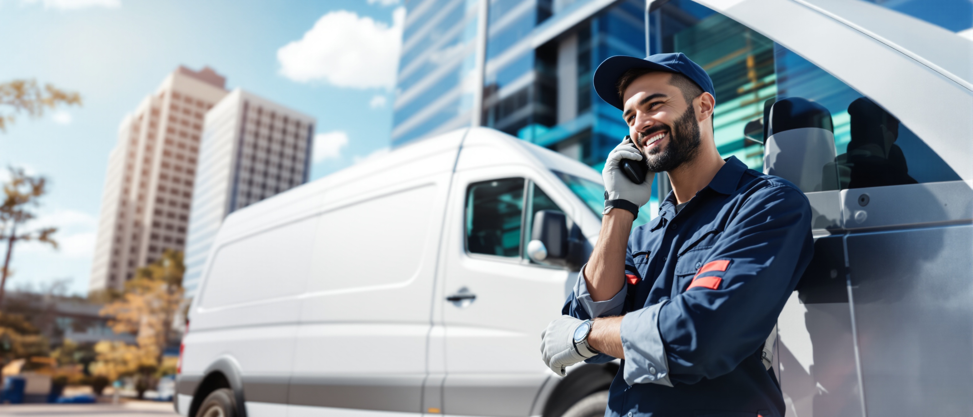 Friendly mobile mechanic from Onsite Auto Maintenance on phone providing customer service beside fleet service van in Dallas-Fort Worth business district