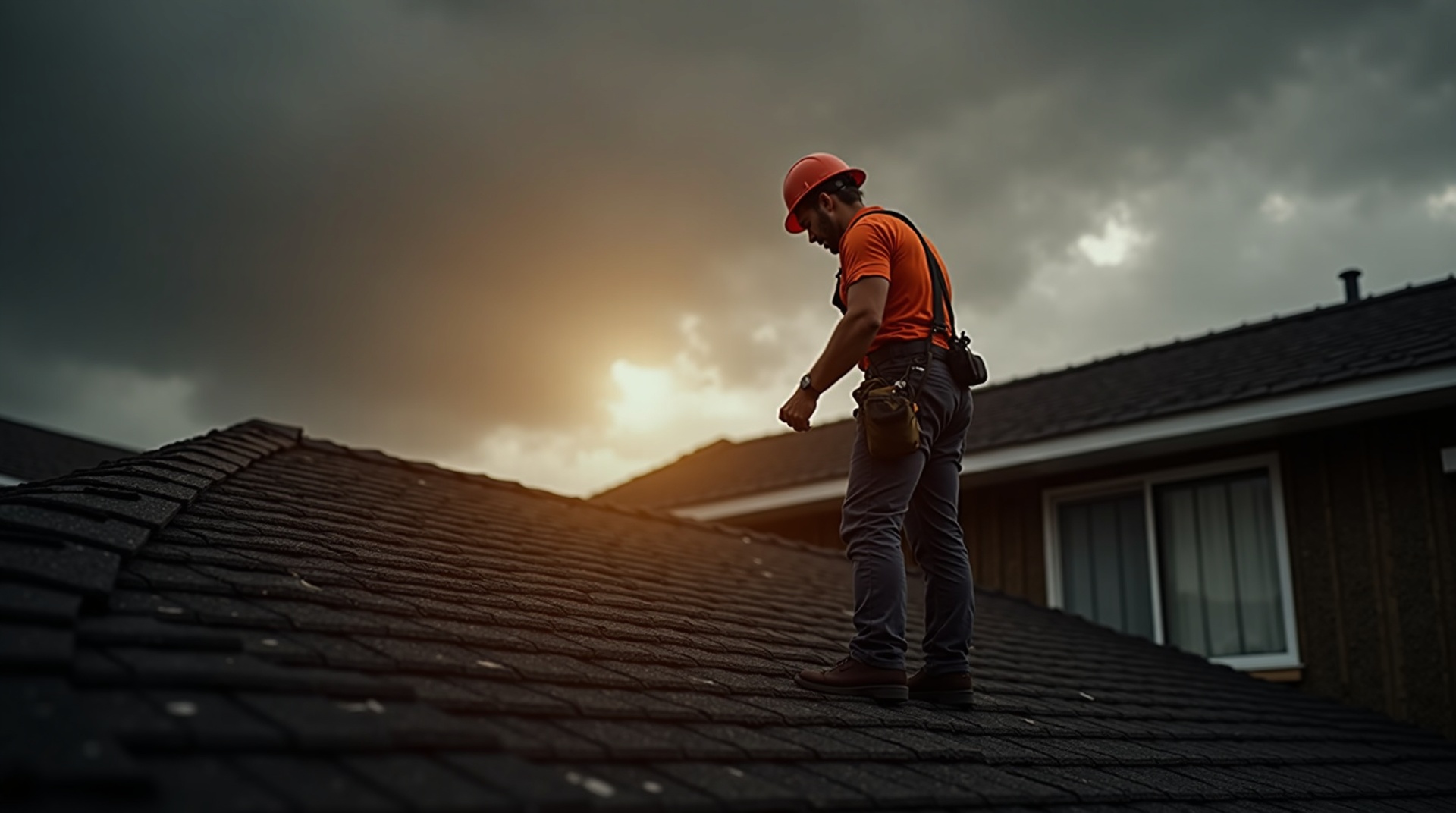 Licensed roofing contractor inspecting storm-damaged roof
