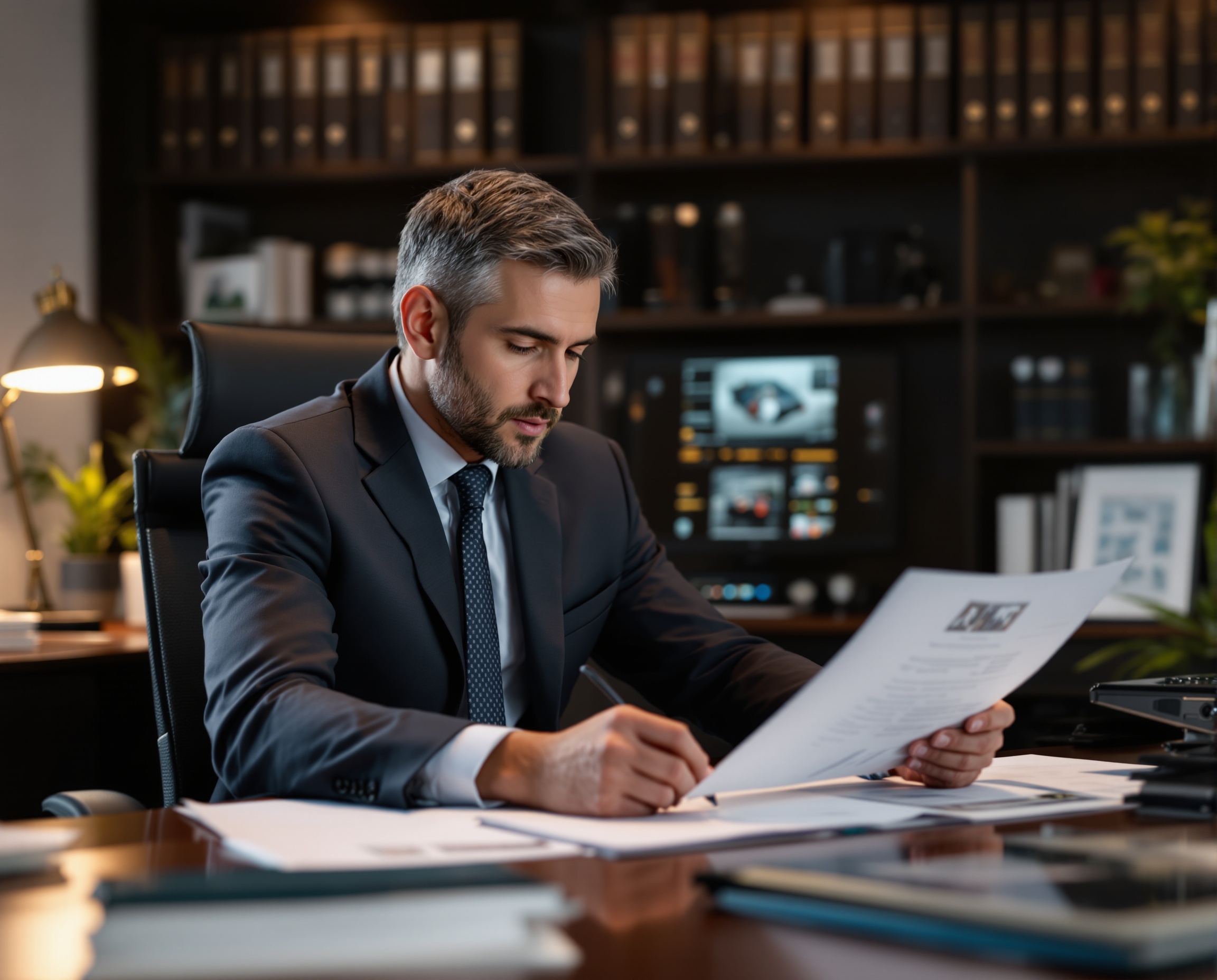 Rear-end car accident lawyer reviewing case files