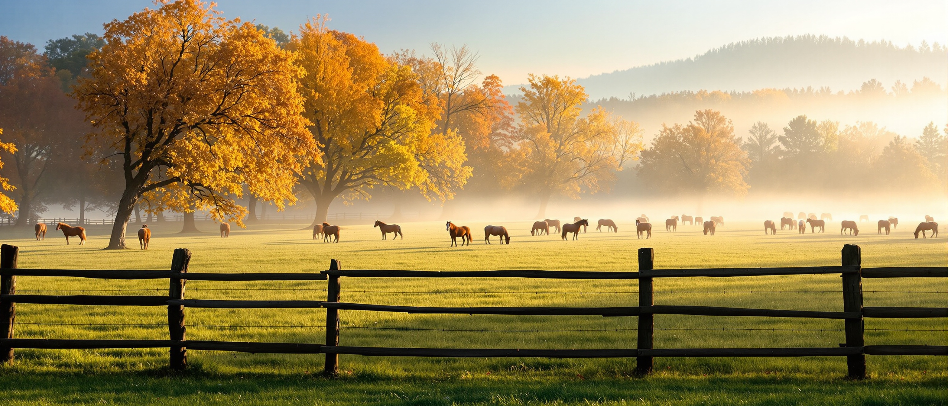 Serene morning farm landscape with horses grazing in a misty meadow