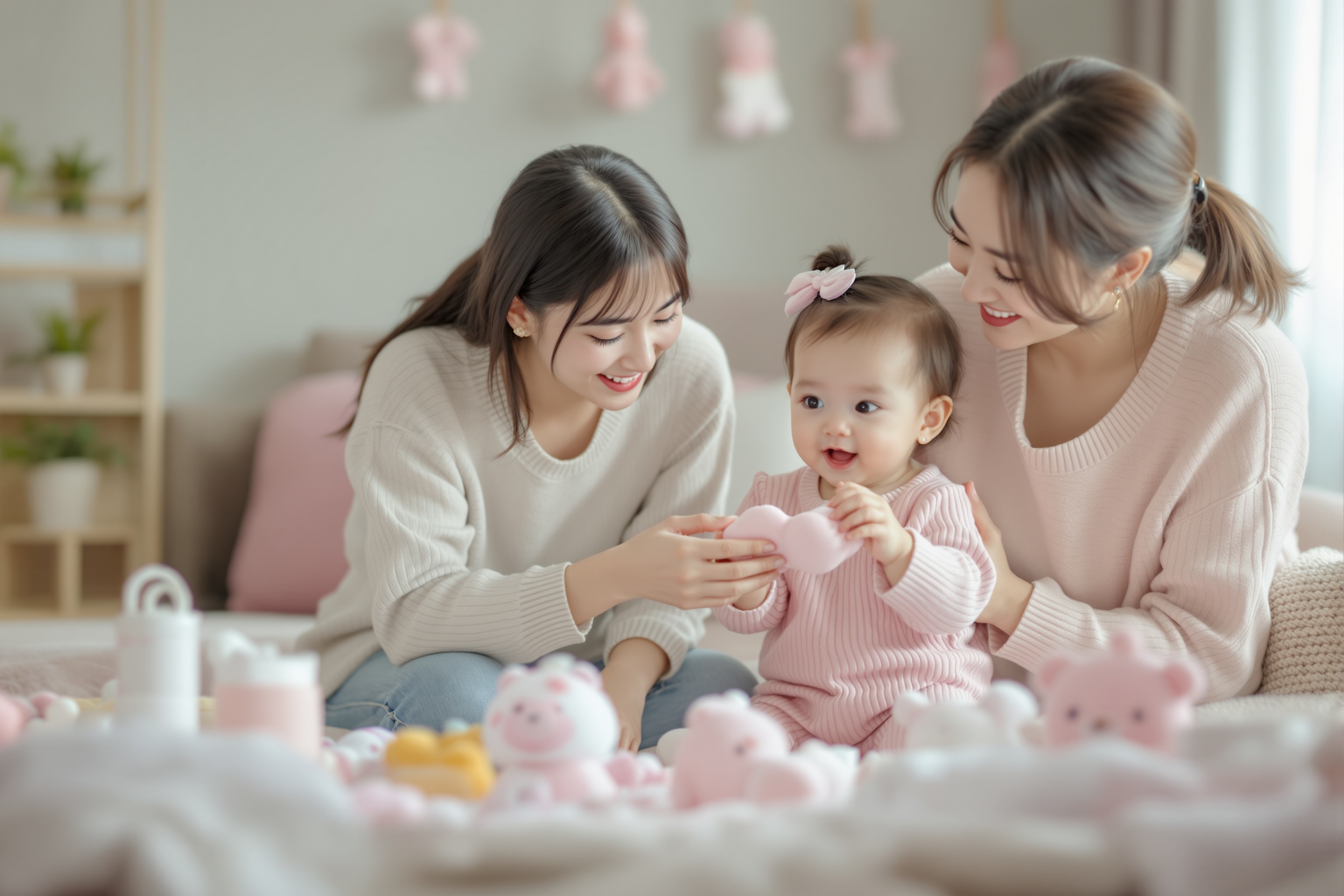 赤ちゃんとおもちゃで遊ぶママ