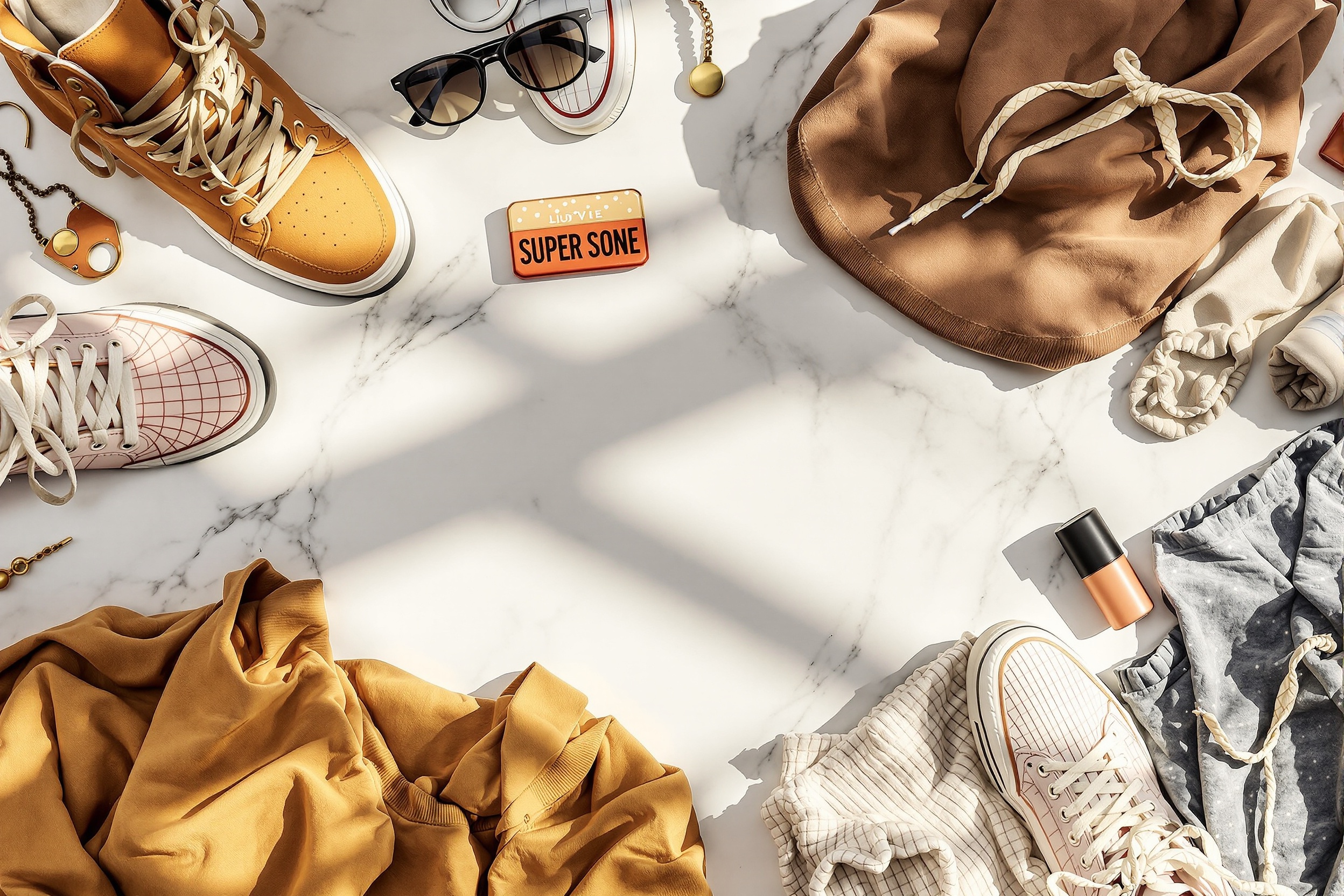 Premium fashion sneakers and streetwear flat lay arrangement