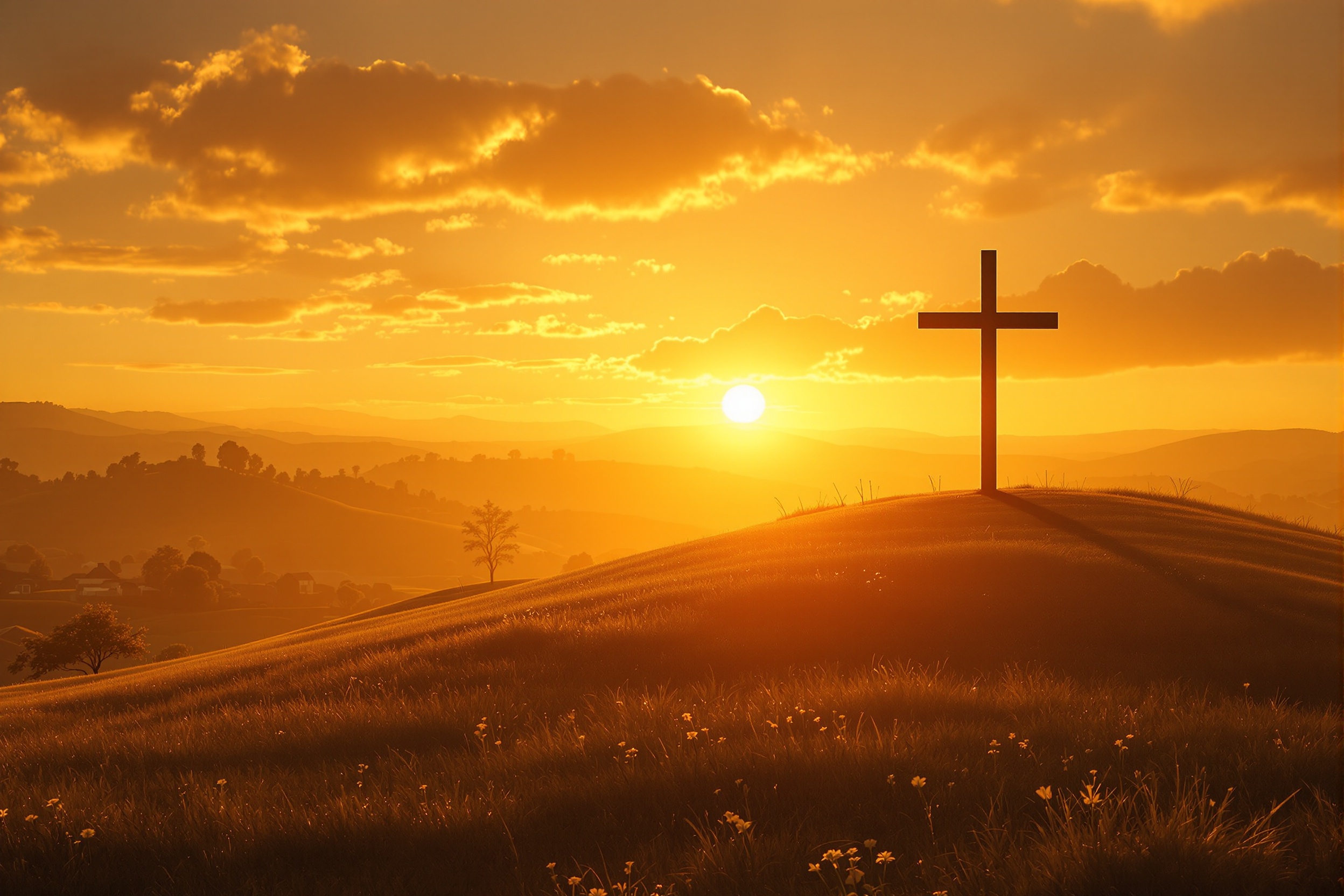 Sunrise over village with cross