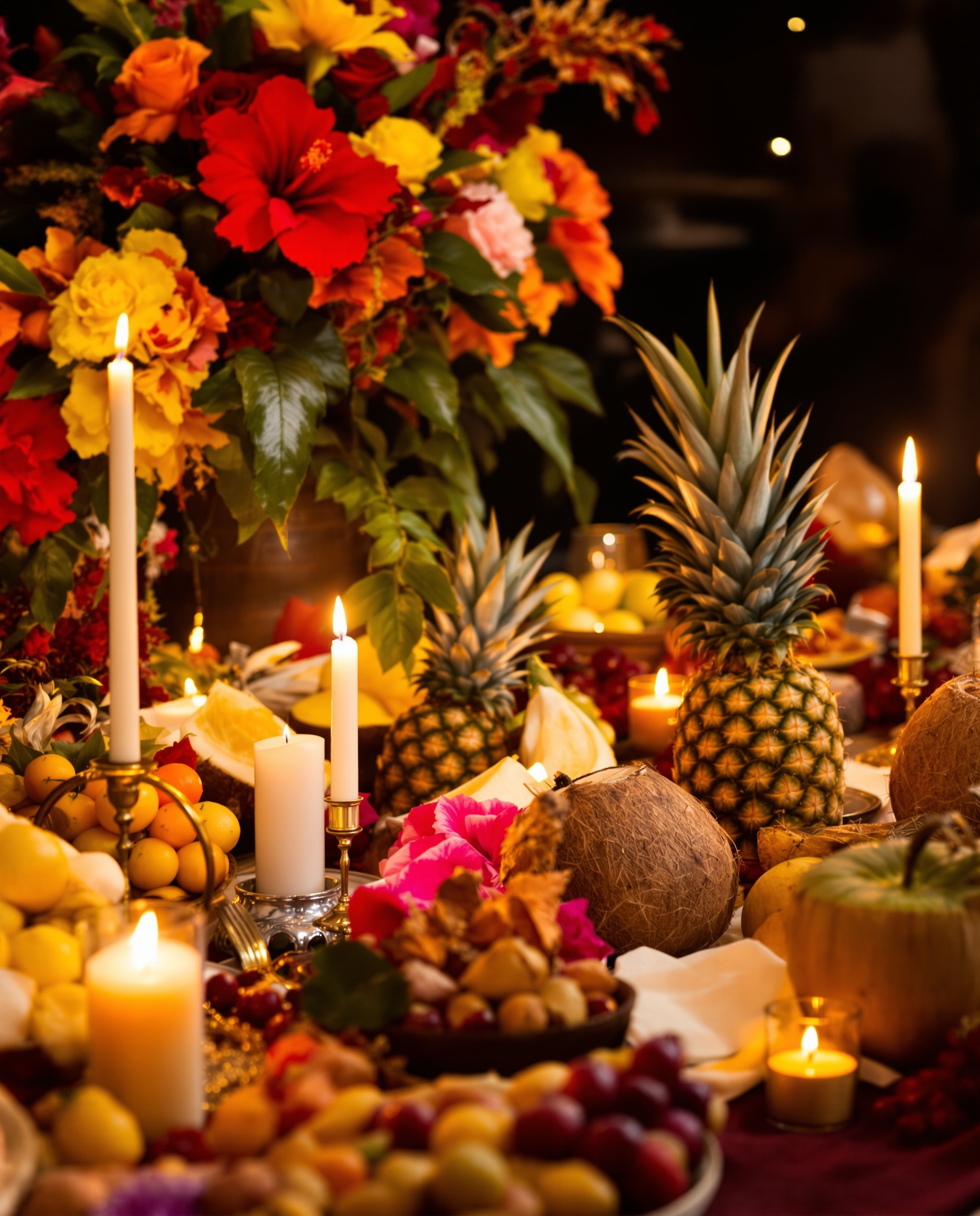 Ritual de santería con flores, frutas y velas para las consultas VIP