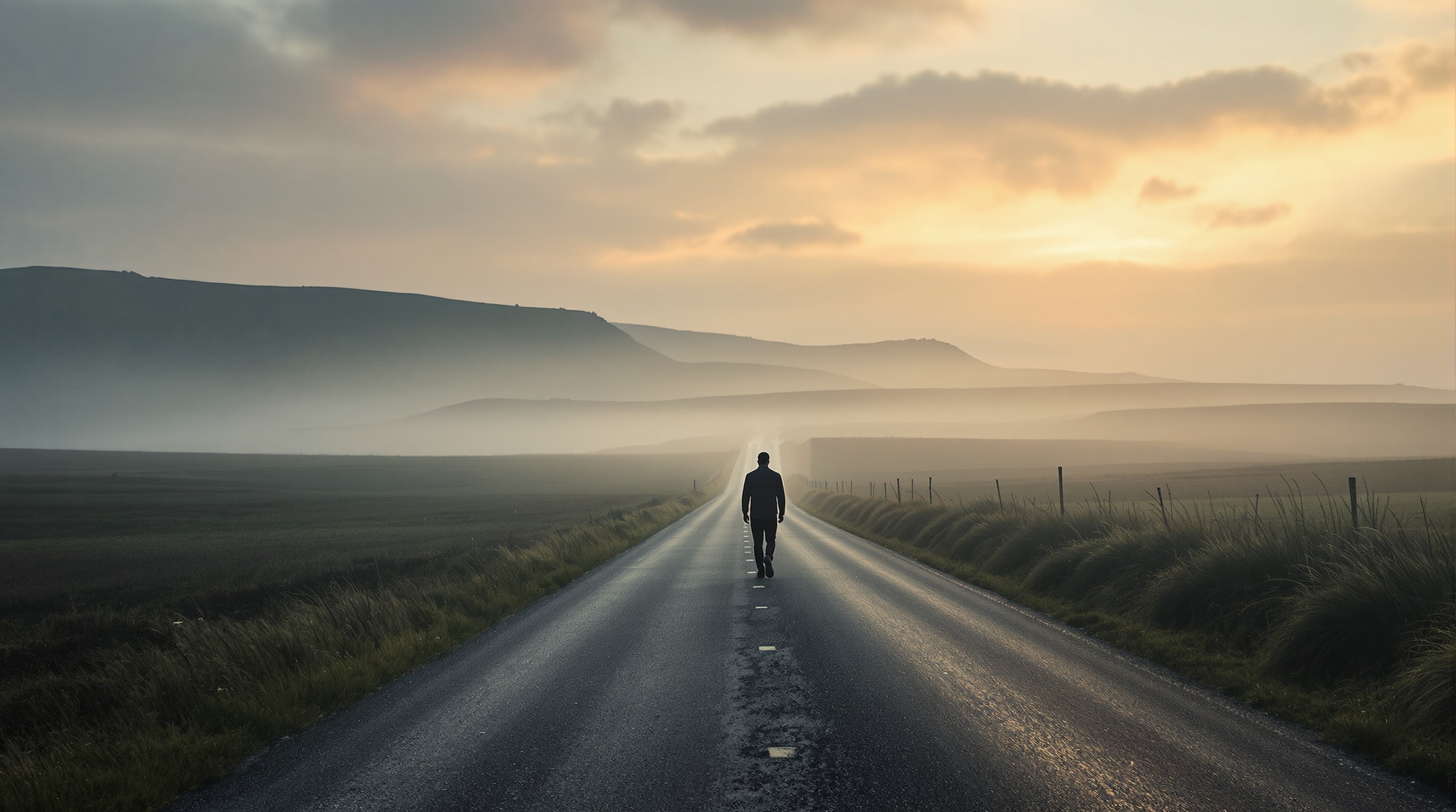 Solitary figure walking Cornwall lane at dawn
