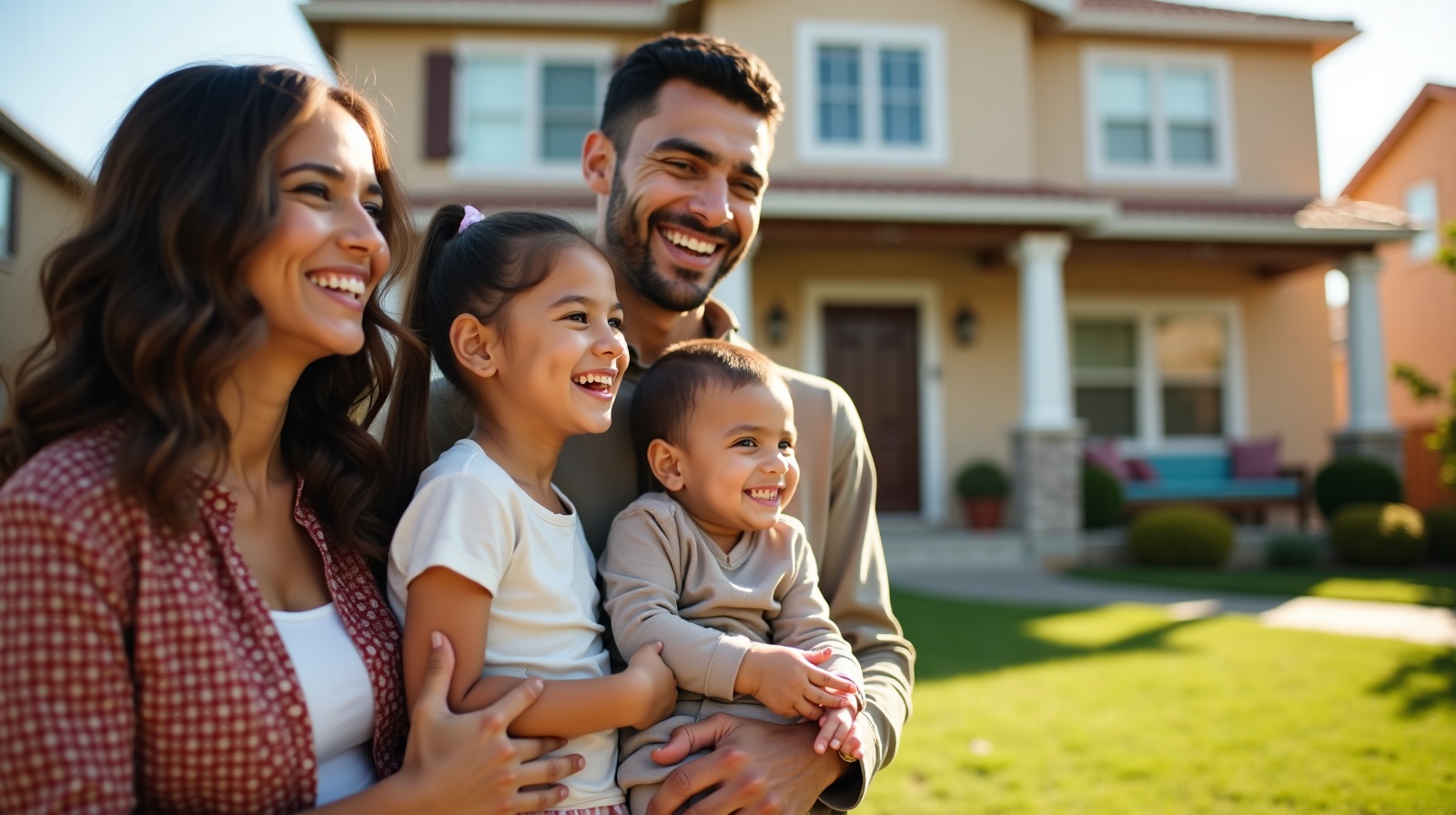 Familia latina feliz frente a su hogar - PM Programas de Ayuda