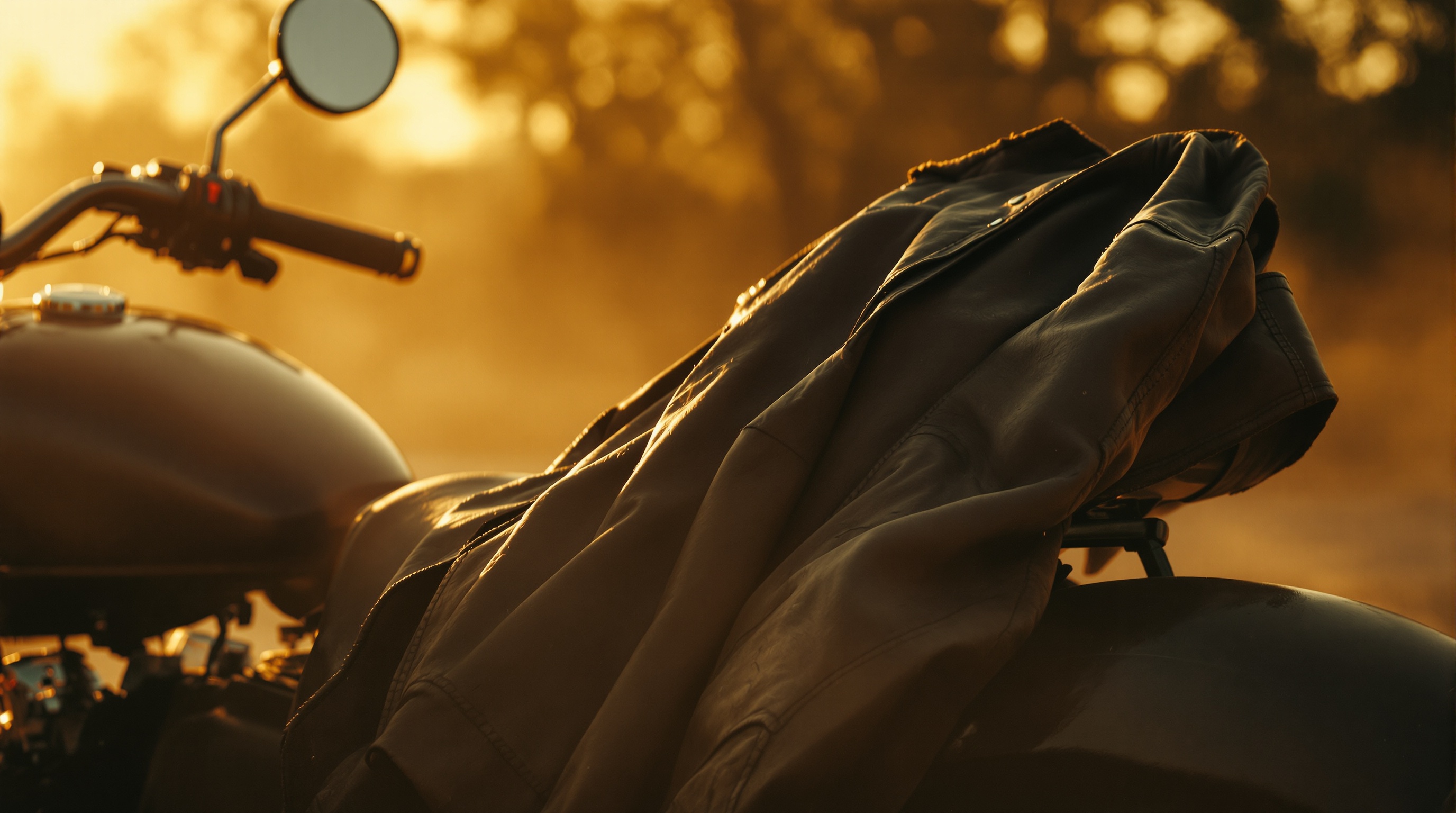 Weathered leather jacket draped over vintage motorcycle seat with golden hour lighting