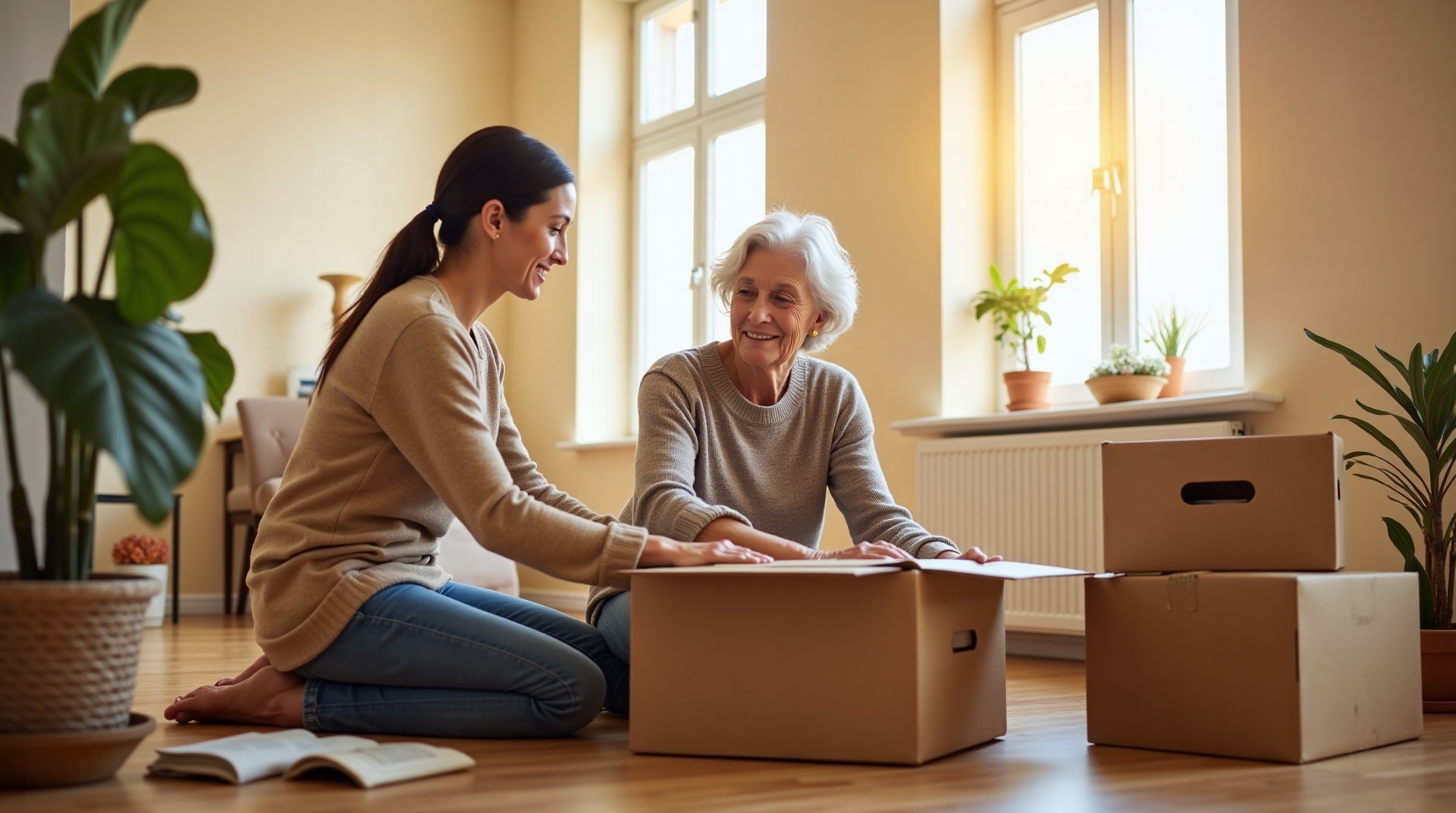 NASMM certified senior move manager assisting an elderly woman with packing and downsizing in a bright Milwaukee home — A Gift of Time, Southeastern Wisconsin's trusted senior relocation specialists since 1994