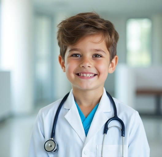 Young aspiring pediatric researcher in lab coat with stethoscope