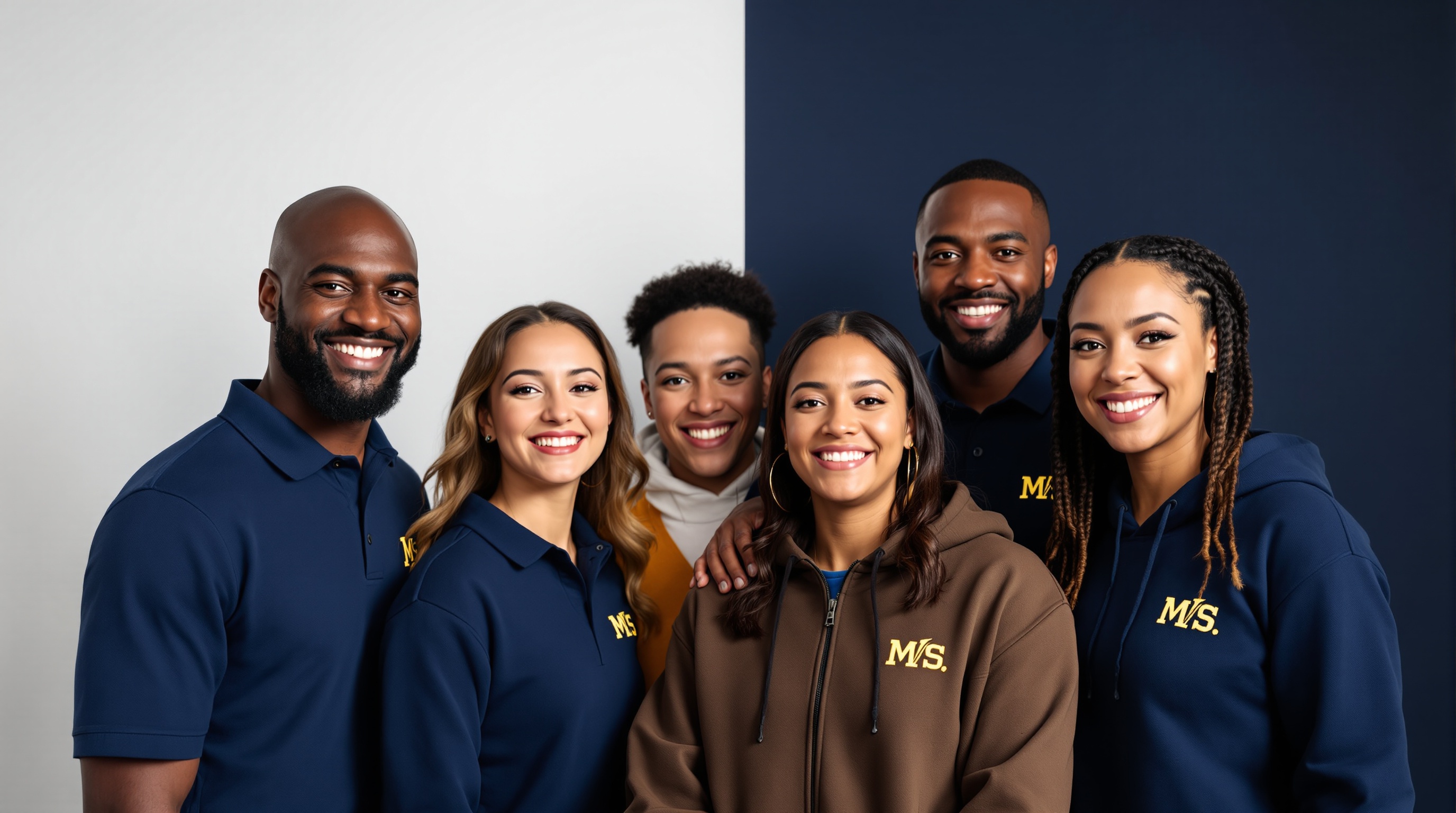Diverse team wearing custom embroidered navy polo shirts and hoodies with gold logo — PPC Tees Philadelphia